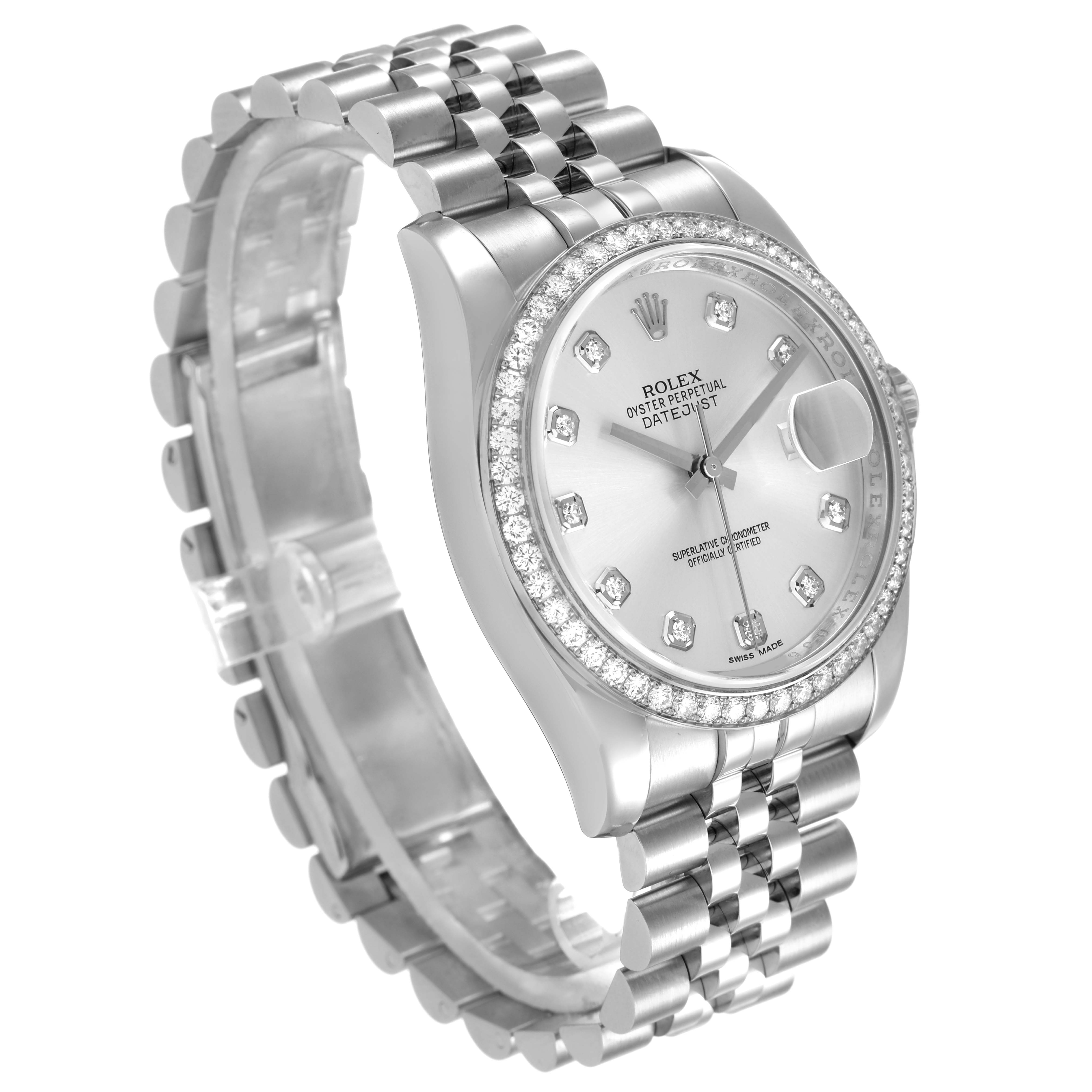 This Rolex Datejust 116244 Men's Stainless Steel Silver Dial is shown at a 3/4 angle, highlighting the dial, bezel, and Jubilee bracelet.