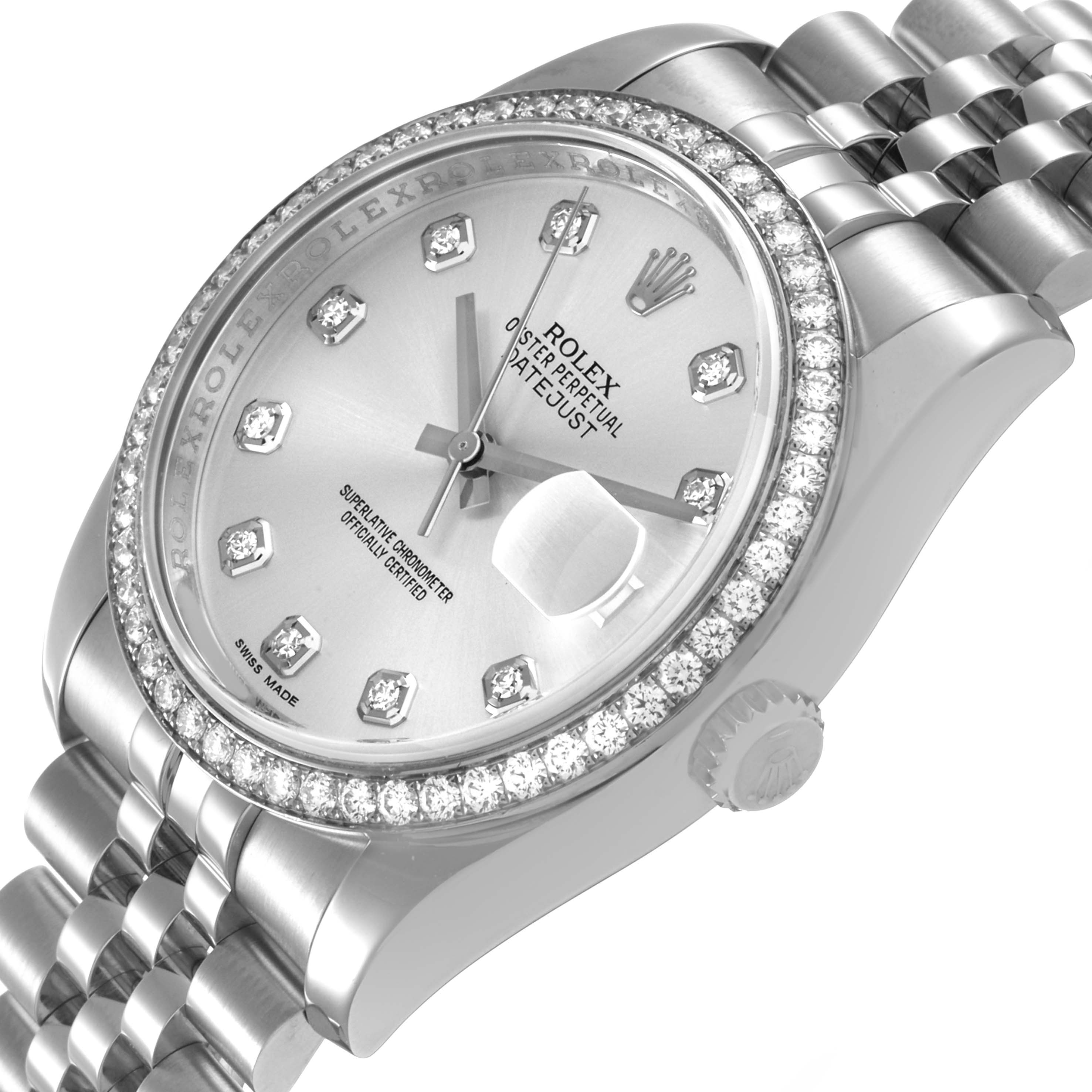 The Rolex Datejust 116244 Men's Stainless Steel Silver Dial is shown at an angle displaying the dial, bezel, crown, and part of the bracelet.