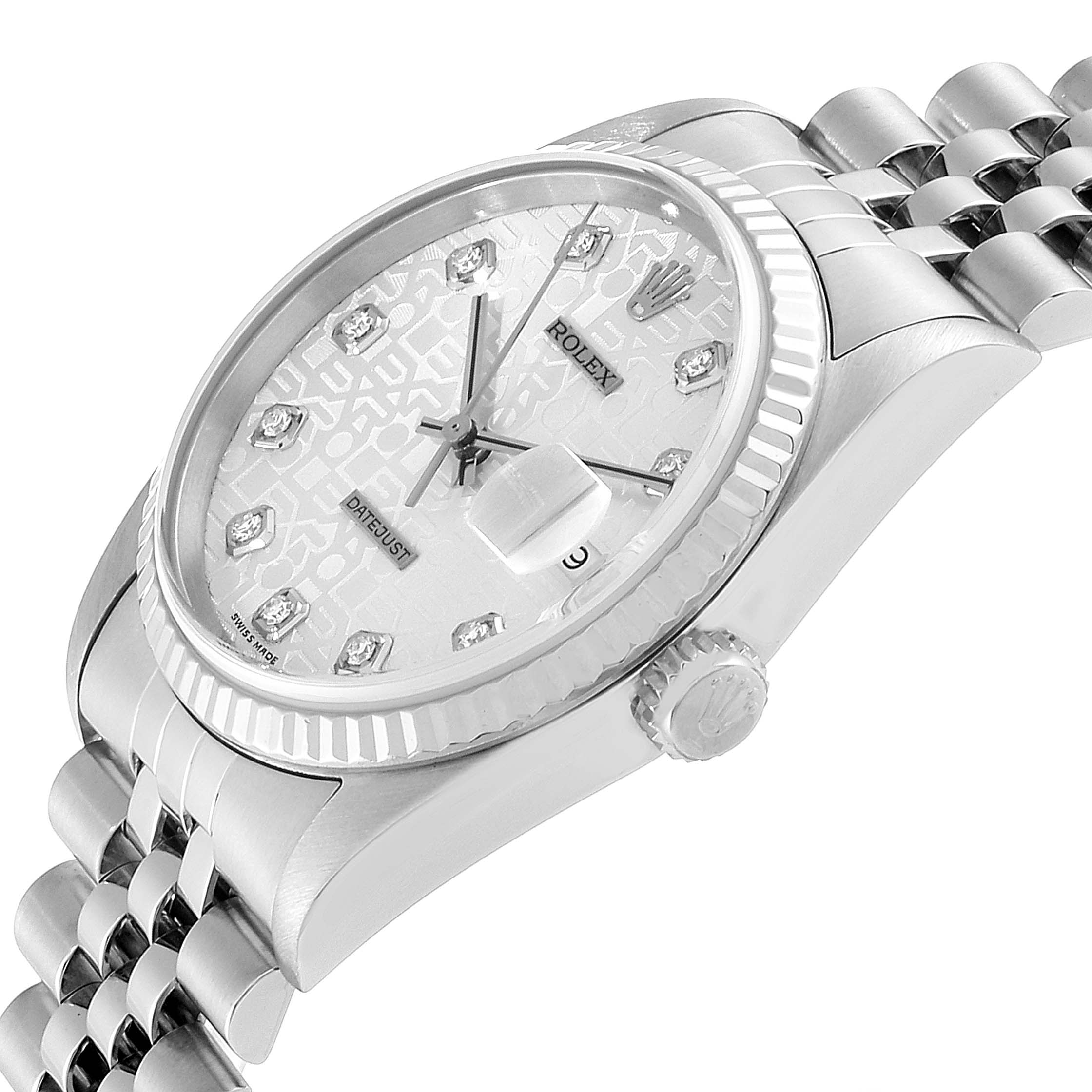 The image shows a side and angled view of a Rolex Datejust 16234 Men's Stainless Steel Silver Dial 16234 Men's Stainless Steel Silver Dial watch, highlighting the dial, crown, and part of the bracelet.