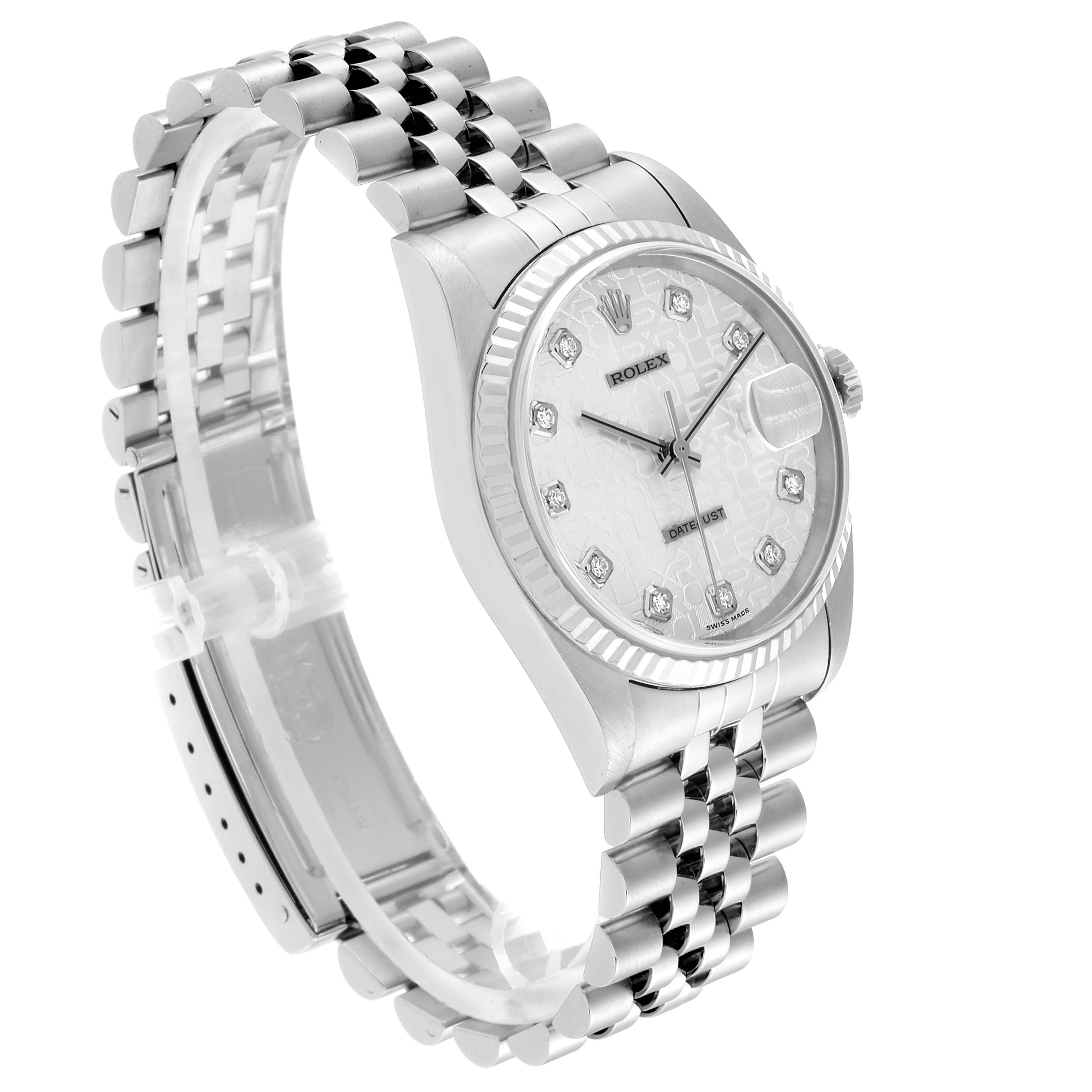 The image shows an angled side view of a Rolex Datejust 16234 Men's Stainless Steel Silver Dial 16234 Men's Stainless Steel Silver Dial watch, displaying its face, bezel, and bracelet.