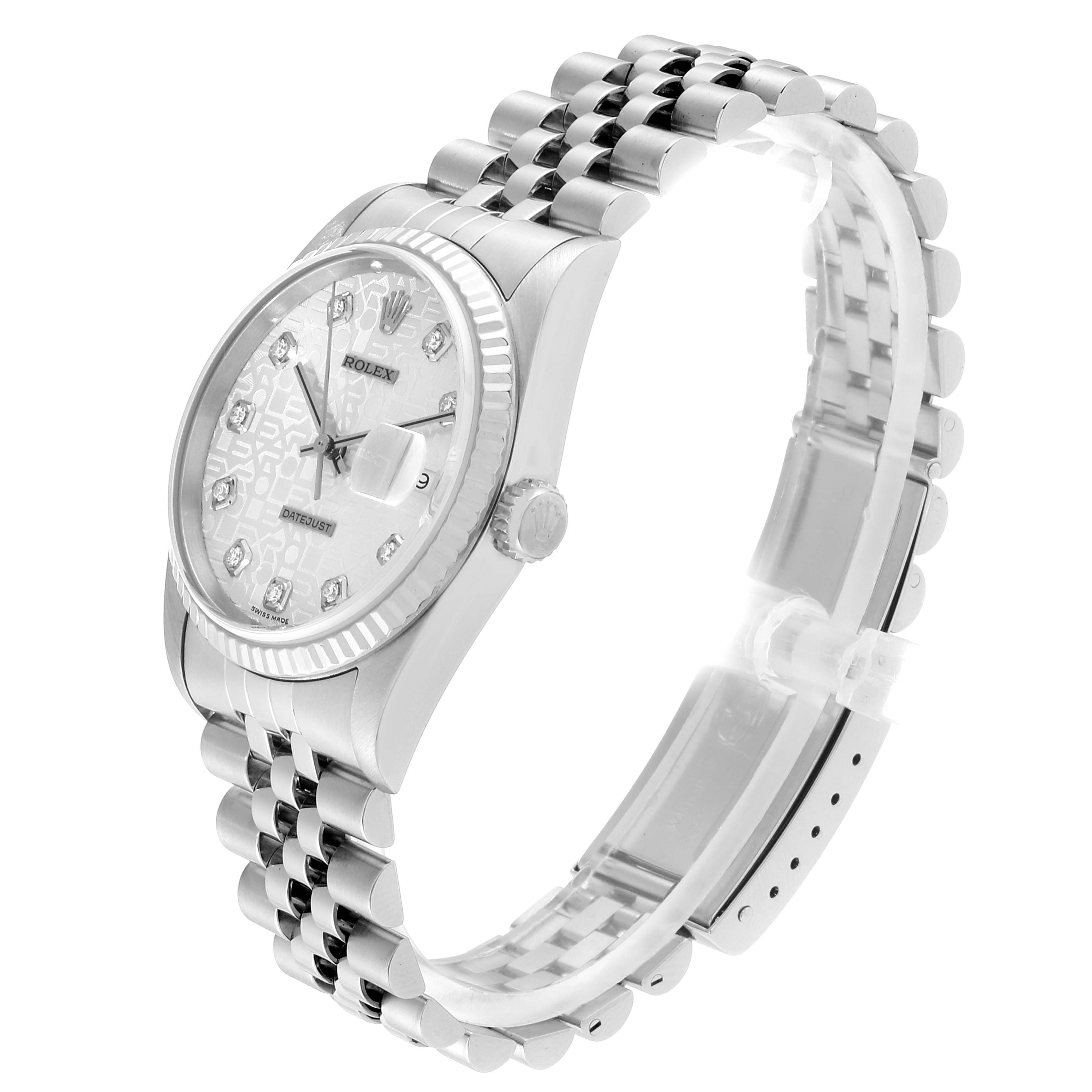 This image shows a side view of the Rolex Datejust 16234 Men's Stainless Steel Silver Dial 16234 Men's Stainless Steel Silver Dial watch, highlighting the face, bezel, crown, and bracelet.