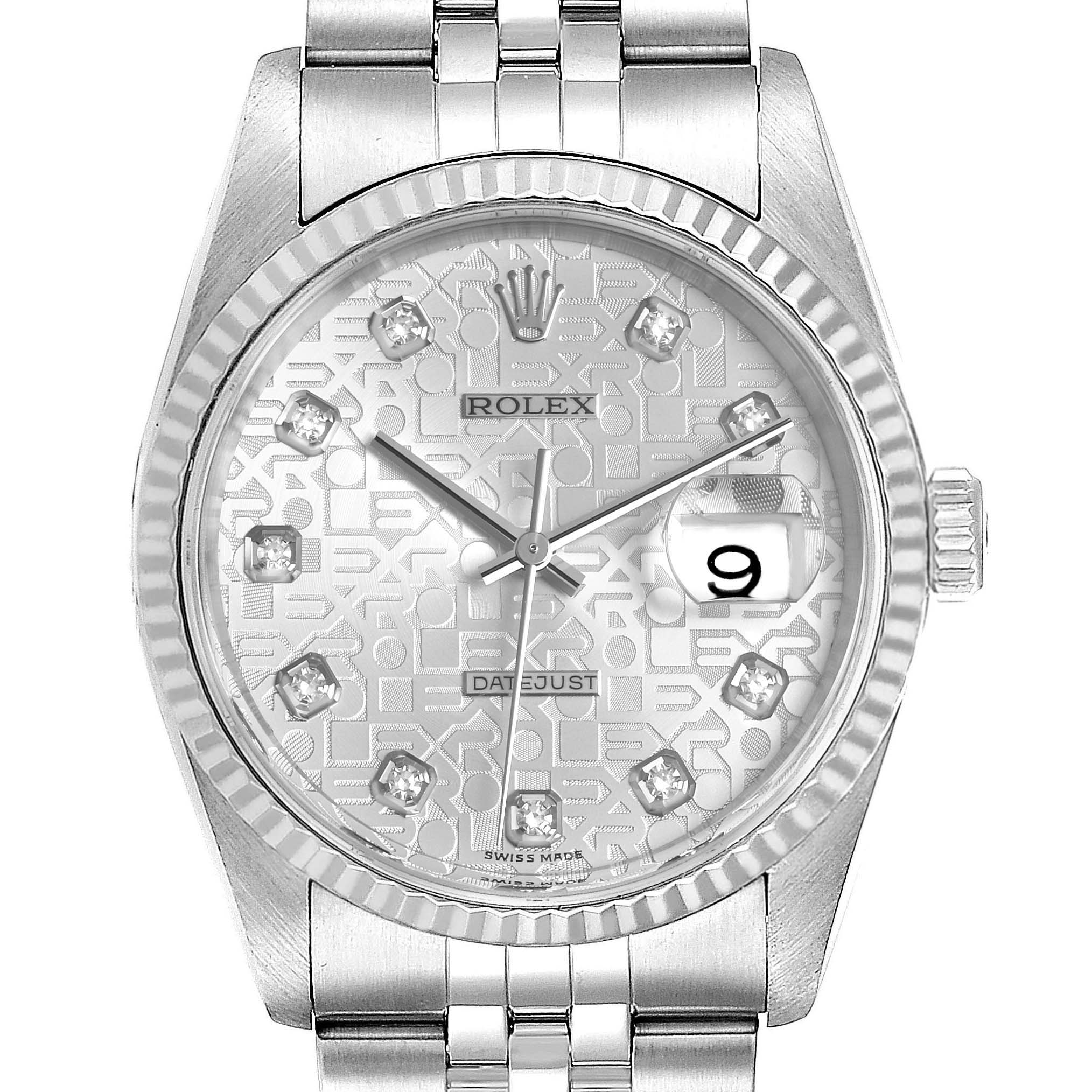 This image shows a Rolex Datejust 16234 Men's Stainless Steel Silver Dial 16234 Men's Stainless Steel Silver Dial watch from a front angle, highlighting its dial, bezel, bracelet, and crown.