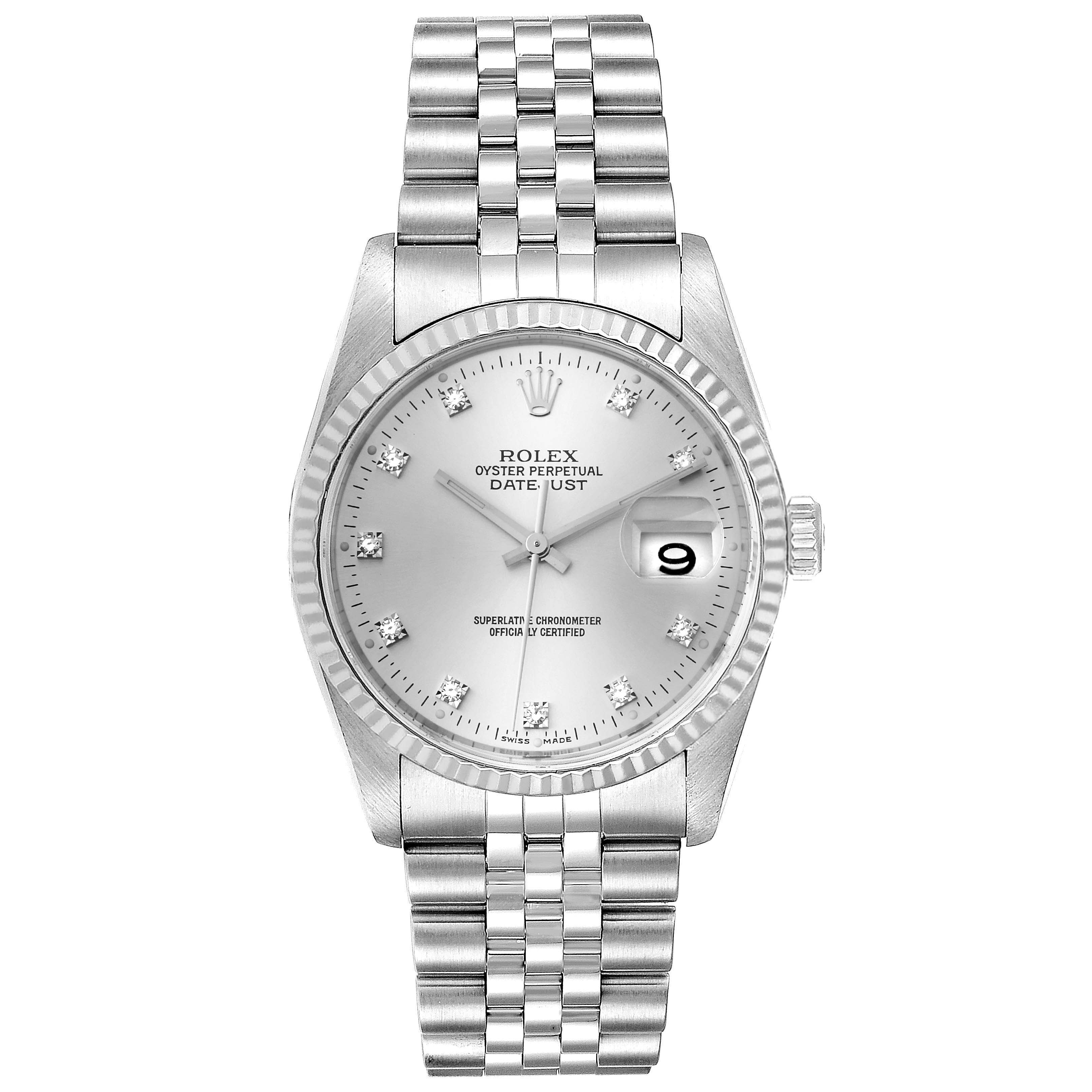 The image shows a front view of a Rolex Datejust 16234 Men's Stainless Steel Silver Dial 16234 Men's Stainless Steel Silver Dial watch including its dial, bezel, crown, and bracelet.