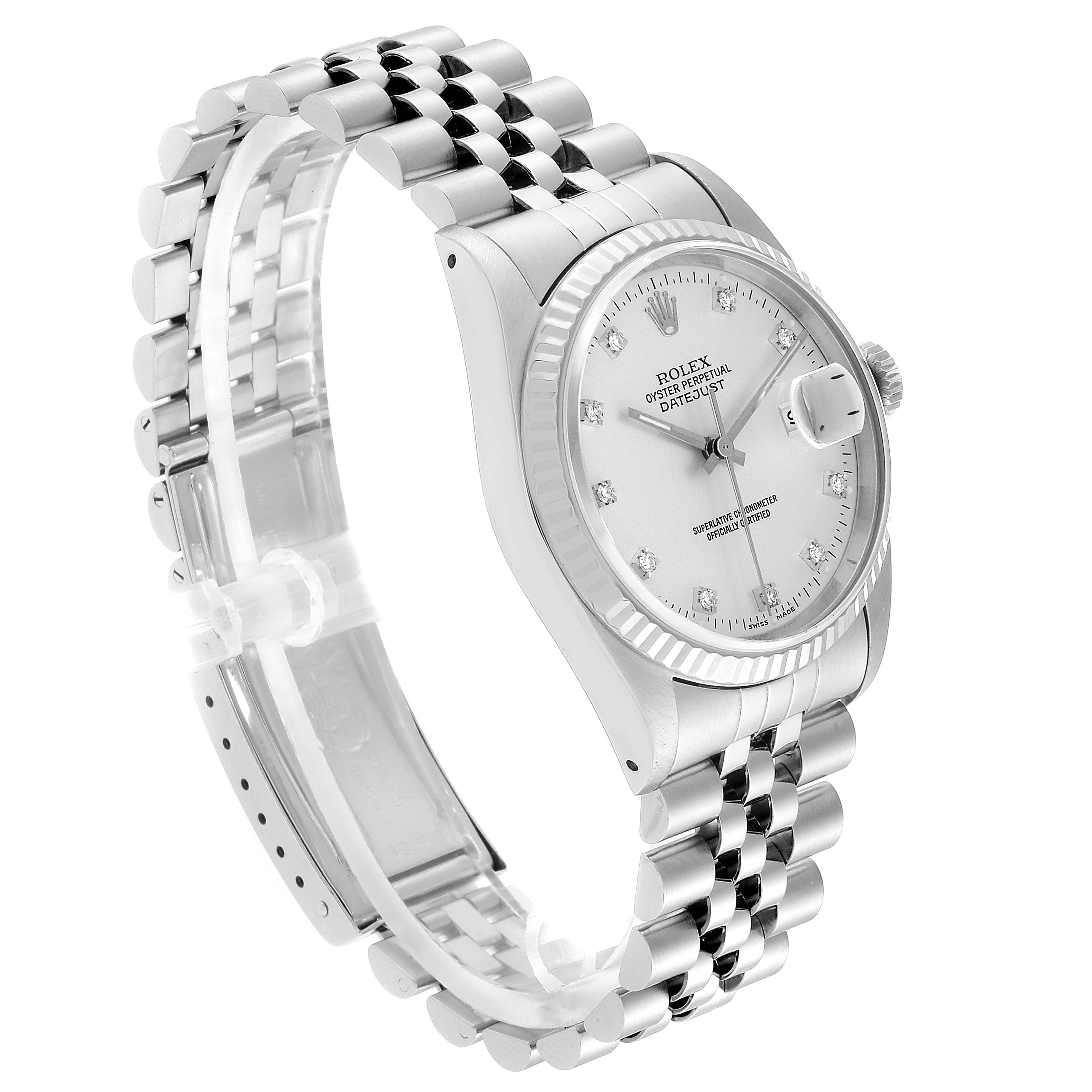 This image shows a side view of a Rolex Datejust 16234 Men's Stainless Steel Silver Dial 16234 Men's Stainless Steel Silver Dial watch, highlighting the case, crown, and bracelet.