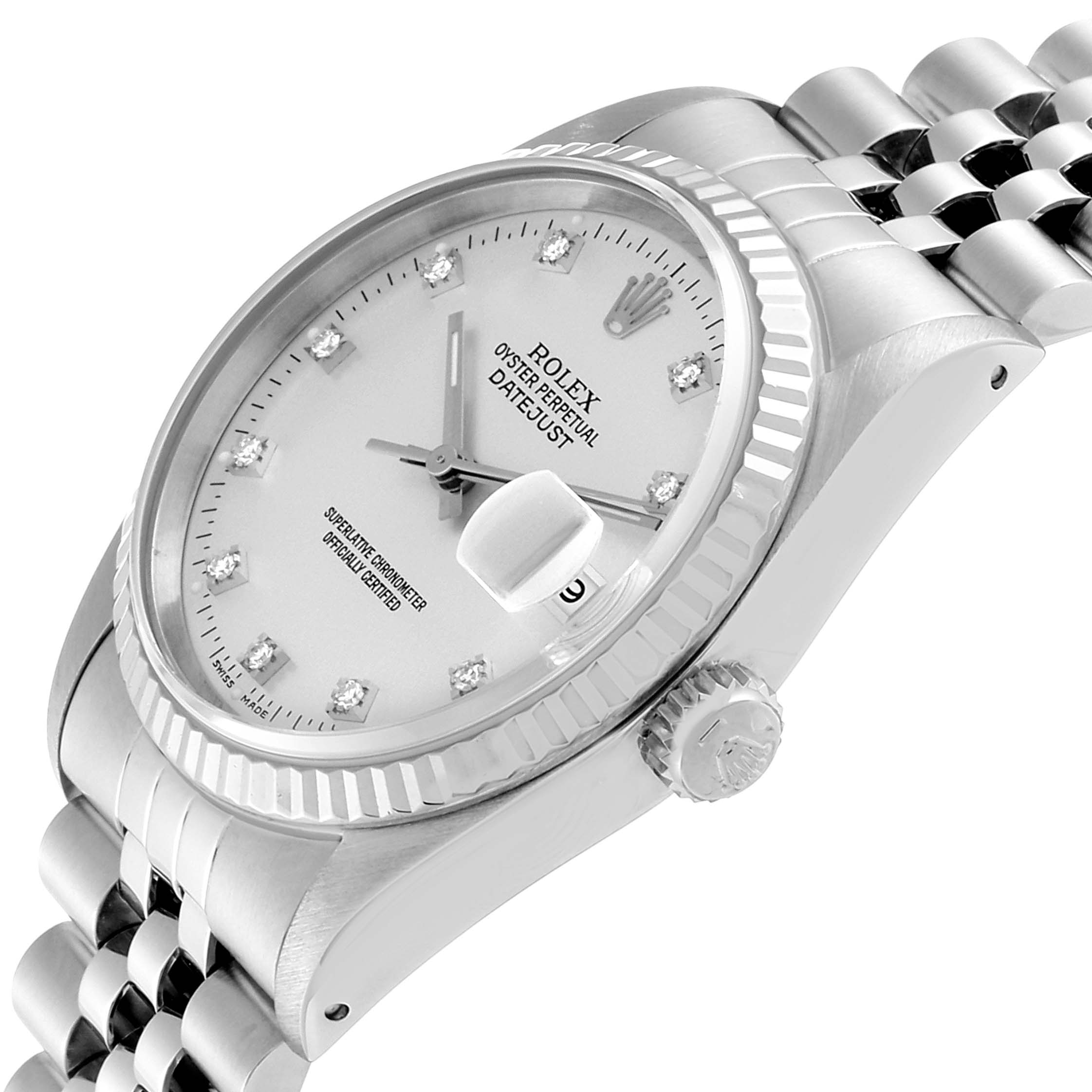 The image shows a side angle of the Rolex Datejust 16234 Men's Stainless Steel Silver Dial 16234 Men's Stainless Steel Silver Dial watch highlighting its face, crown, bezel, and part of the bracelet.