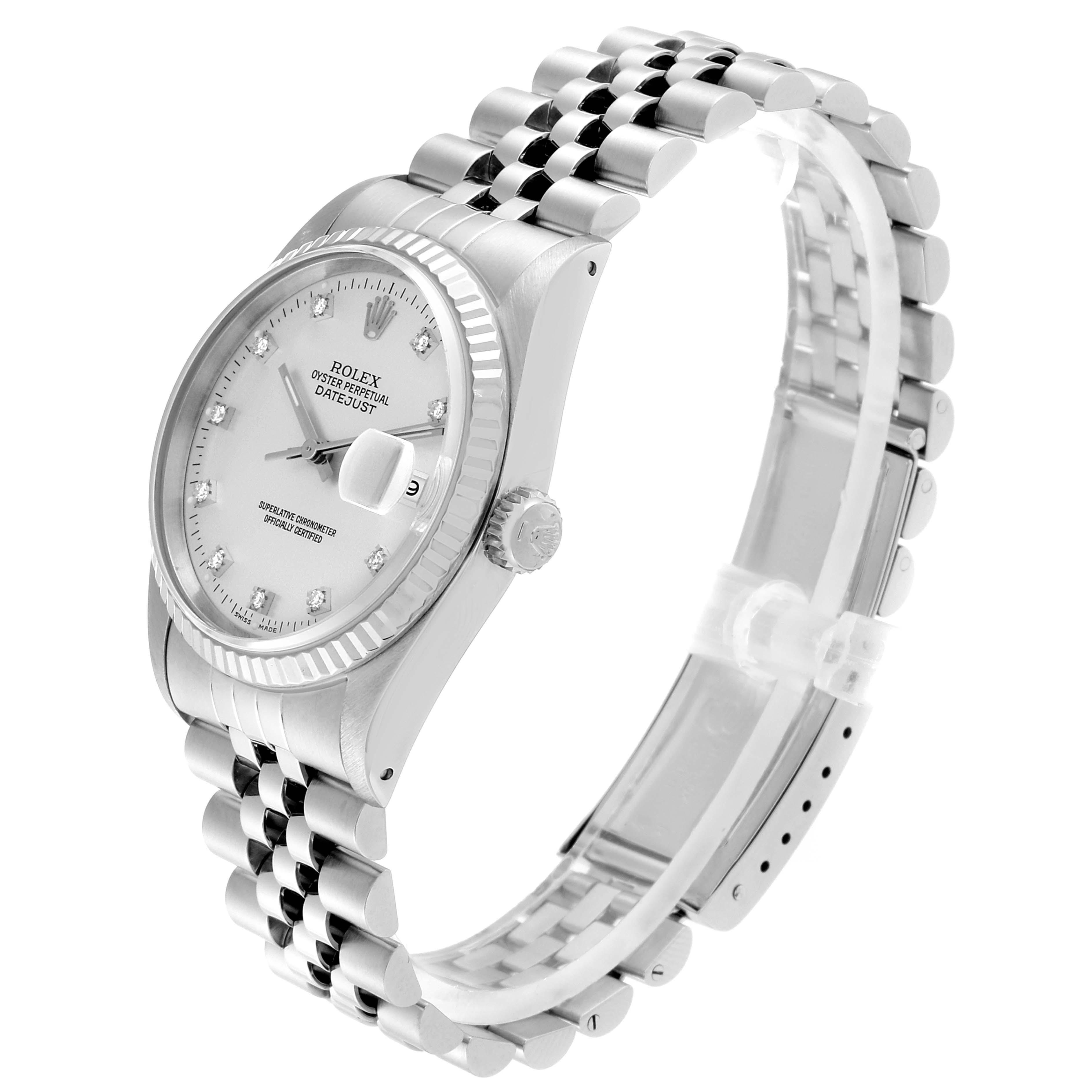 Angled view of a Rolex Datejust 16234 Men's Stainless Steel Silver Dial 16234 Men's Stainless Steel Silver Dial watch showing the face, dial, bezel, crown, and Jubilee bracelet.