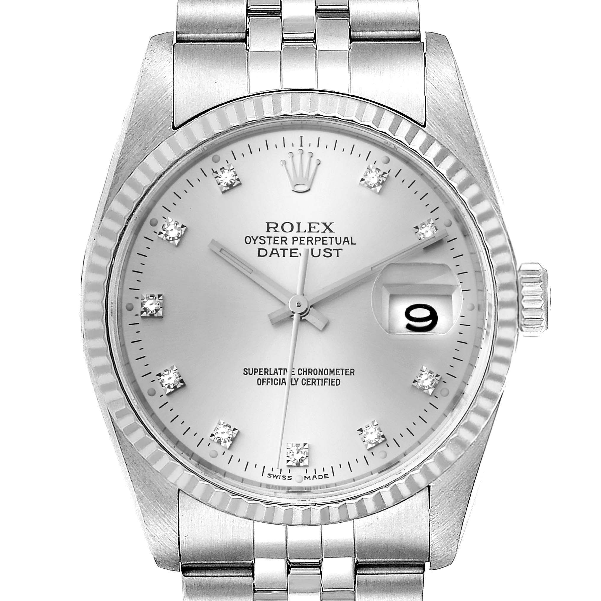 The image shows a front view of a Rolex Datejust 16234 Men's Stainless Steel Silver Dial 16234 Men's Stainless Steel Silver Dial watch, highlighting its dial, bezel, and part of the bracelet.