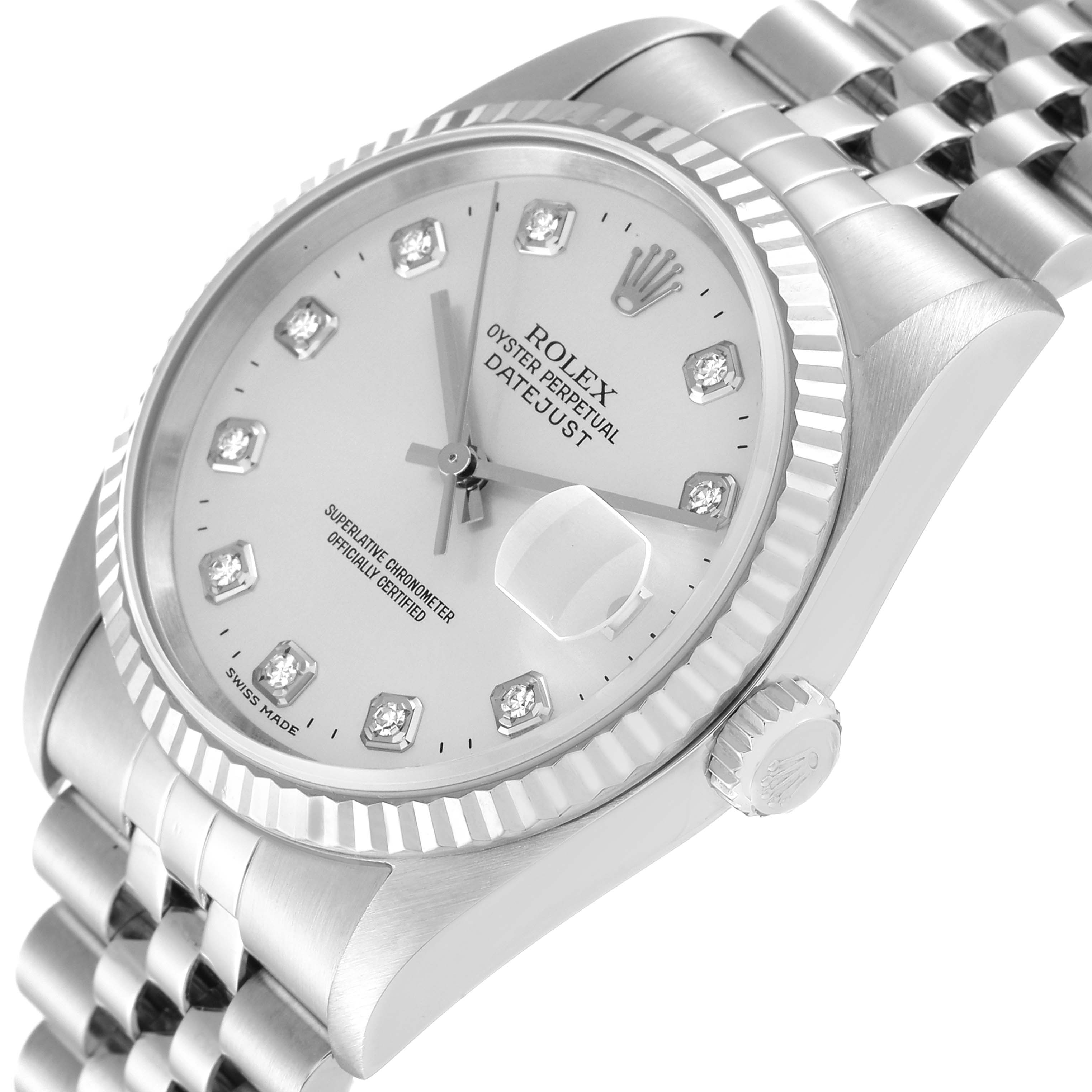 The Rolex Datejust 16234 Men's Stainless Steel Silver Dial 16234 Men's Stainless Steel Silver Dial watch is shown from an angled view, highlighting the dial, bezel, and a portion of the bracelet.