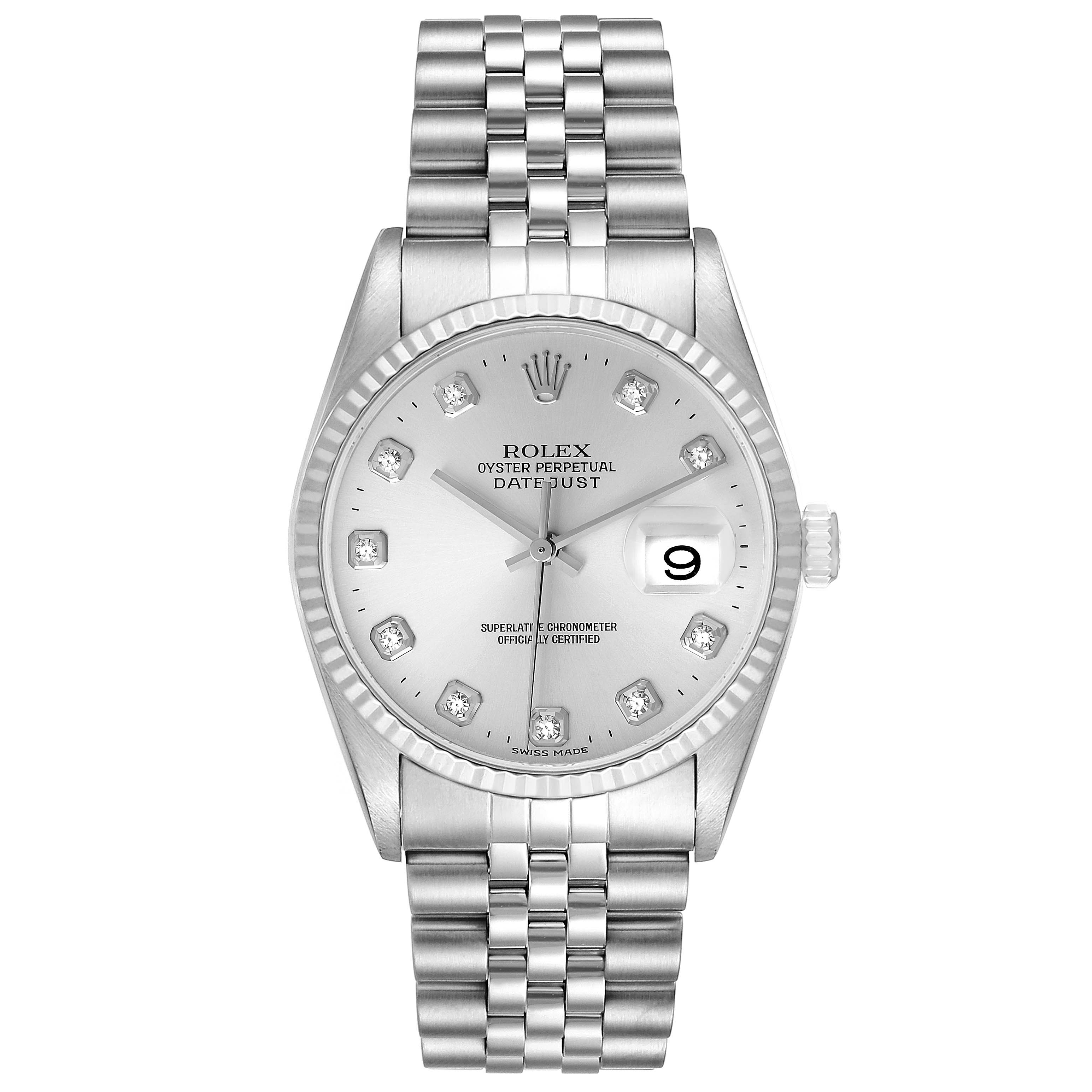 This image shows a frontal view of a Rolex Datejust 16234 Men's Stainless Steel Silver Dial 16234 Men's Stainless Steel Silver Dial watch, featuring the dial, bezel, and bracelet.