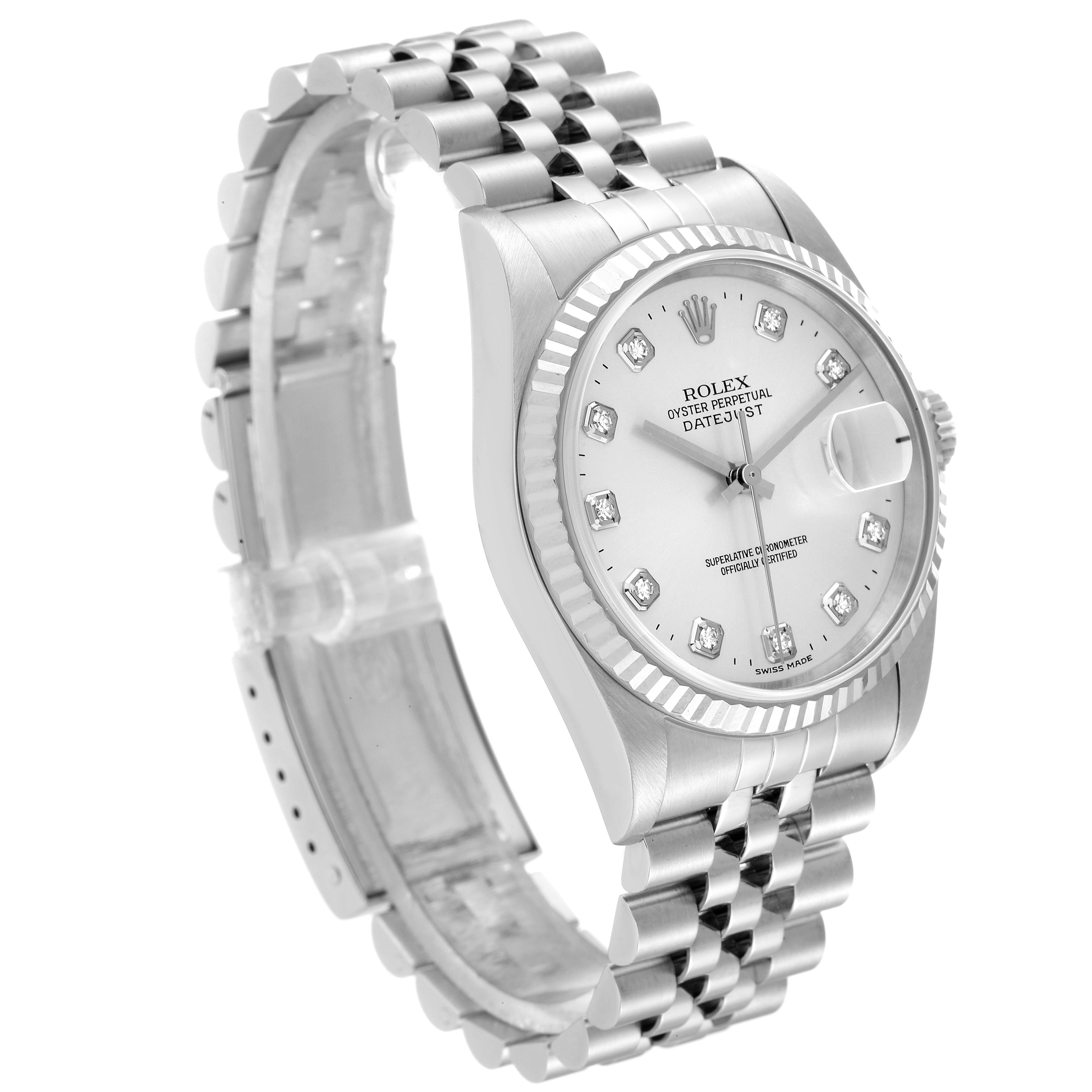 The image shows a Rolex Datejust 16234 Men's Stainless Steel Silver Dial 16234 Men's Stainless Steel Silver Dial watch at a slight angle from the left, highlighting the face, bezel, and part of the bracelet.