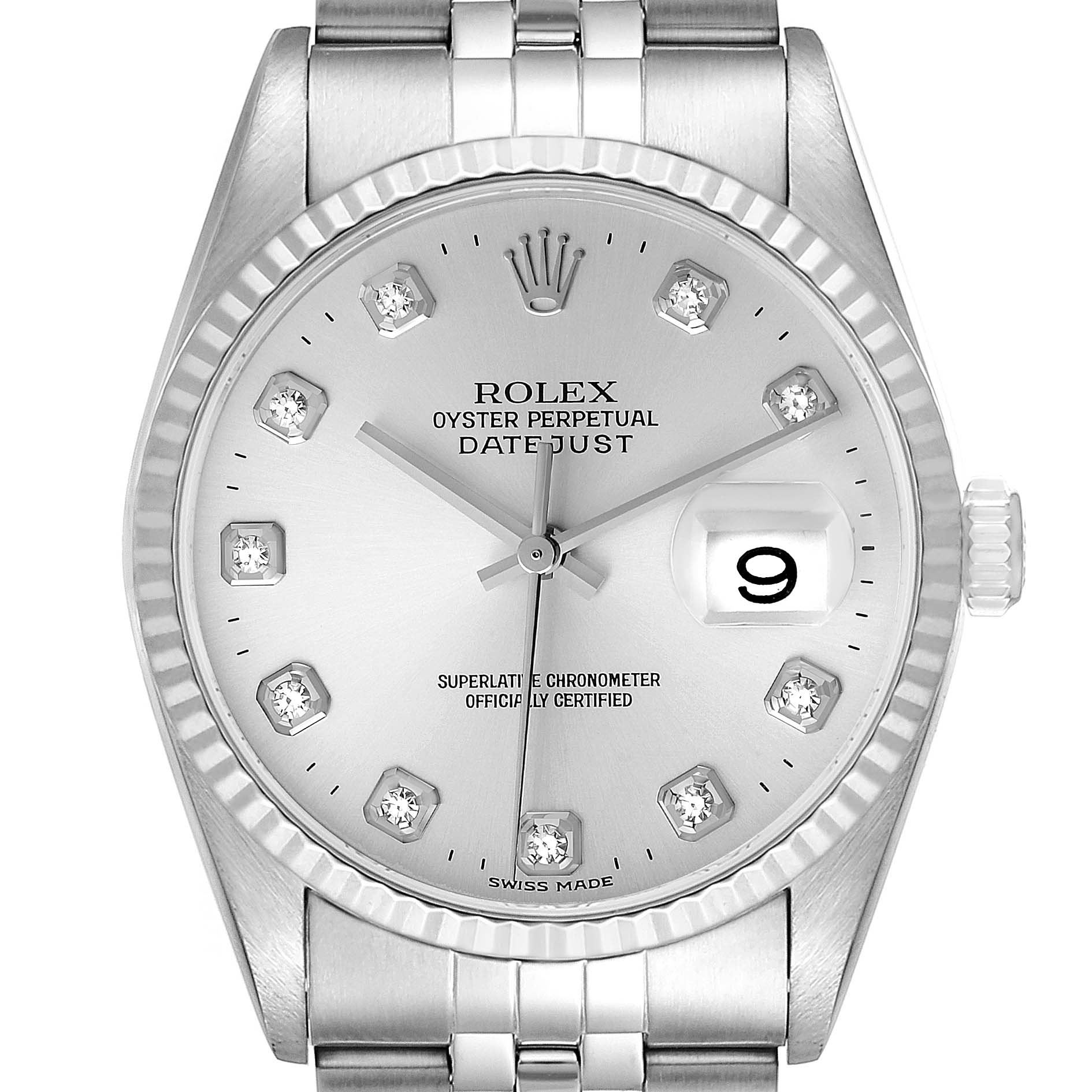 The Rolex Datejust 16234 Men's Stainless Steel Silver Dial 16234 Men's Stainless Steel Silver Dial watch is shown at a front angle, highlighting its silver dial, diamond hour markers, date display, and partial bracelet.