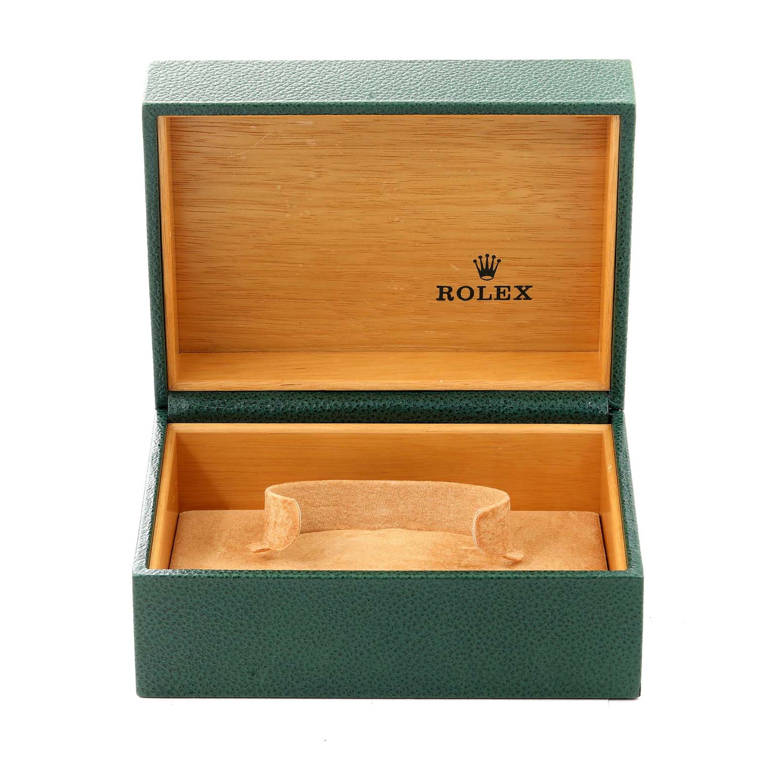 This image shows an open, empty green Rolex watch box for the Datejust model, displaying the brand logo inside the lid.