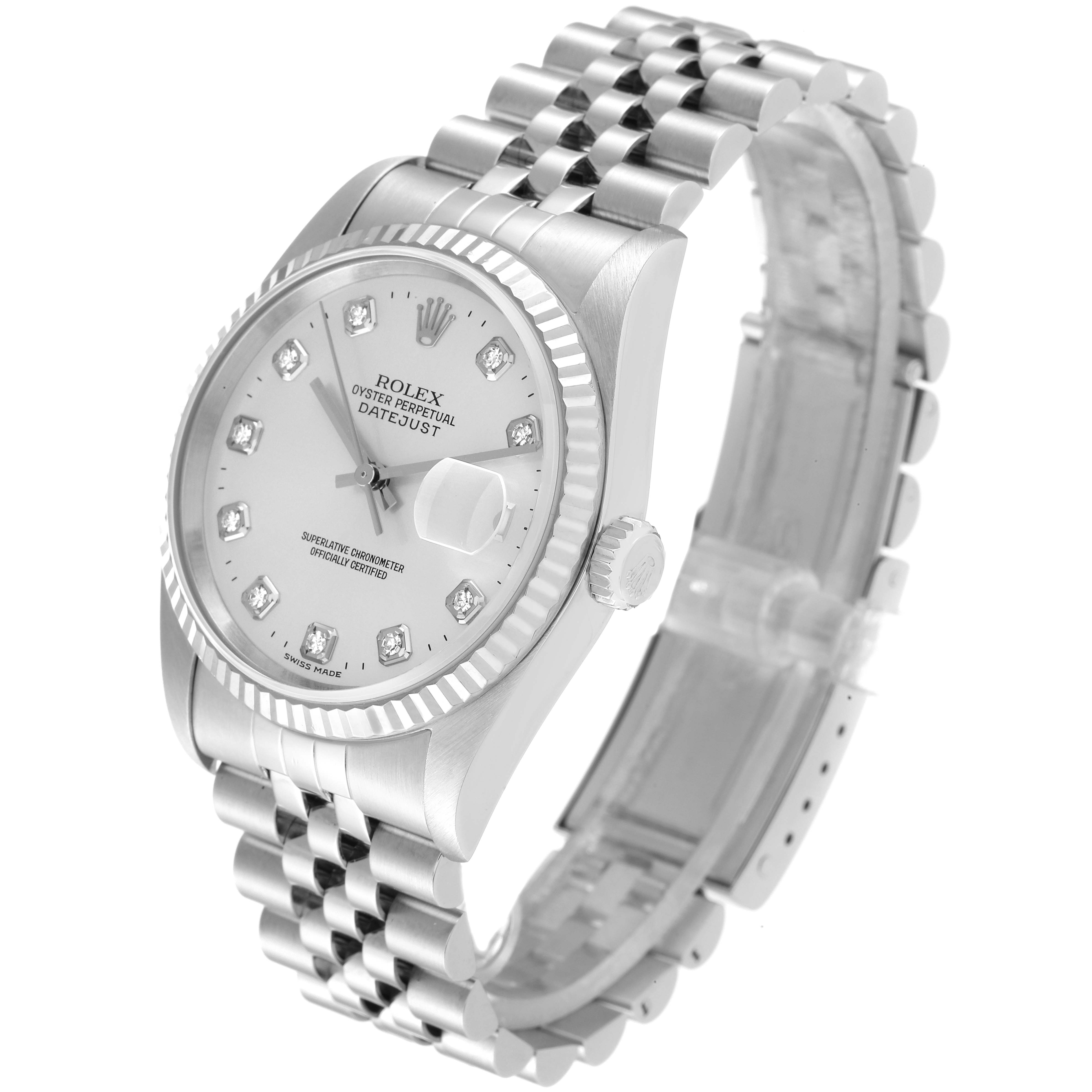 The Rolex Datejust 16234 Men's Stainless Steel Silver Dial 16234 Men's Stainless Steel Silver Dial watch is shown at a three-quarter angle highlighting the face, crown, and Jubilee bracelet.