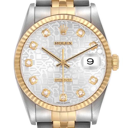 The Rolex Datejust 16233 Women's Steel and Gold (two tone) Silver Dial watch is shown from the front, highlighting its dial, bezel, crown, and part of the bracelet.