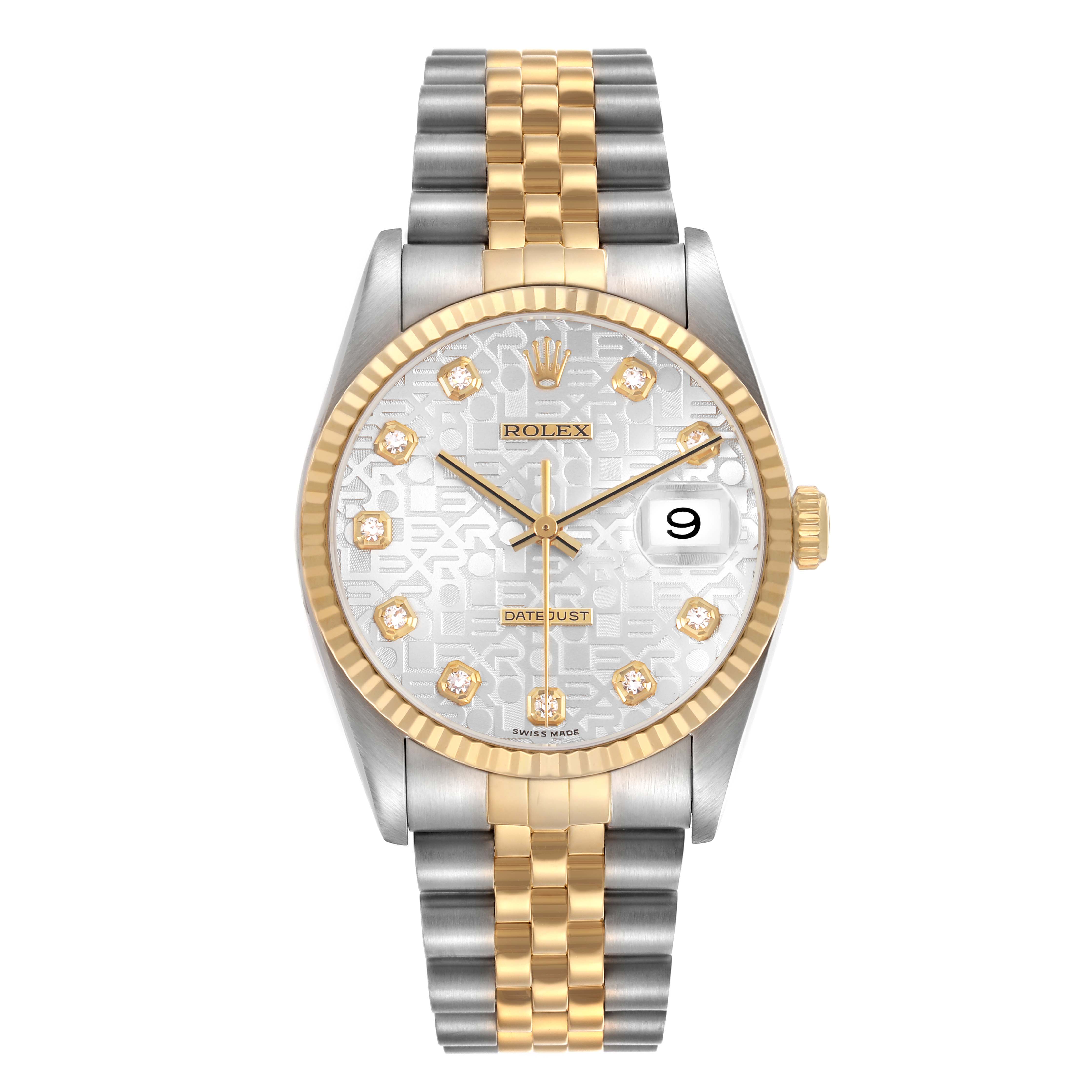 The image shows a front view of a Rolex Datejust 16233 Women's Steel and Gold (two tone) Silver Dial, highlighting its dial, fluted bezel, and two-tone bracelet.