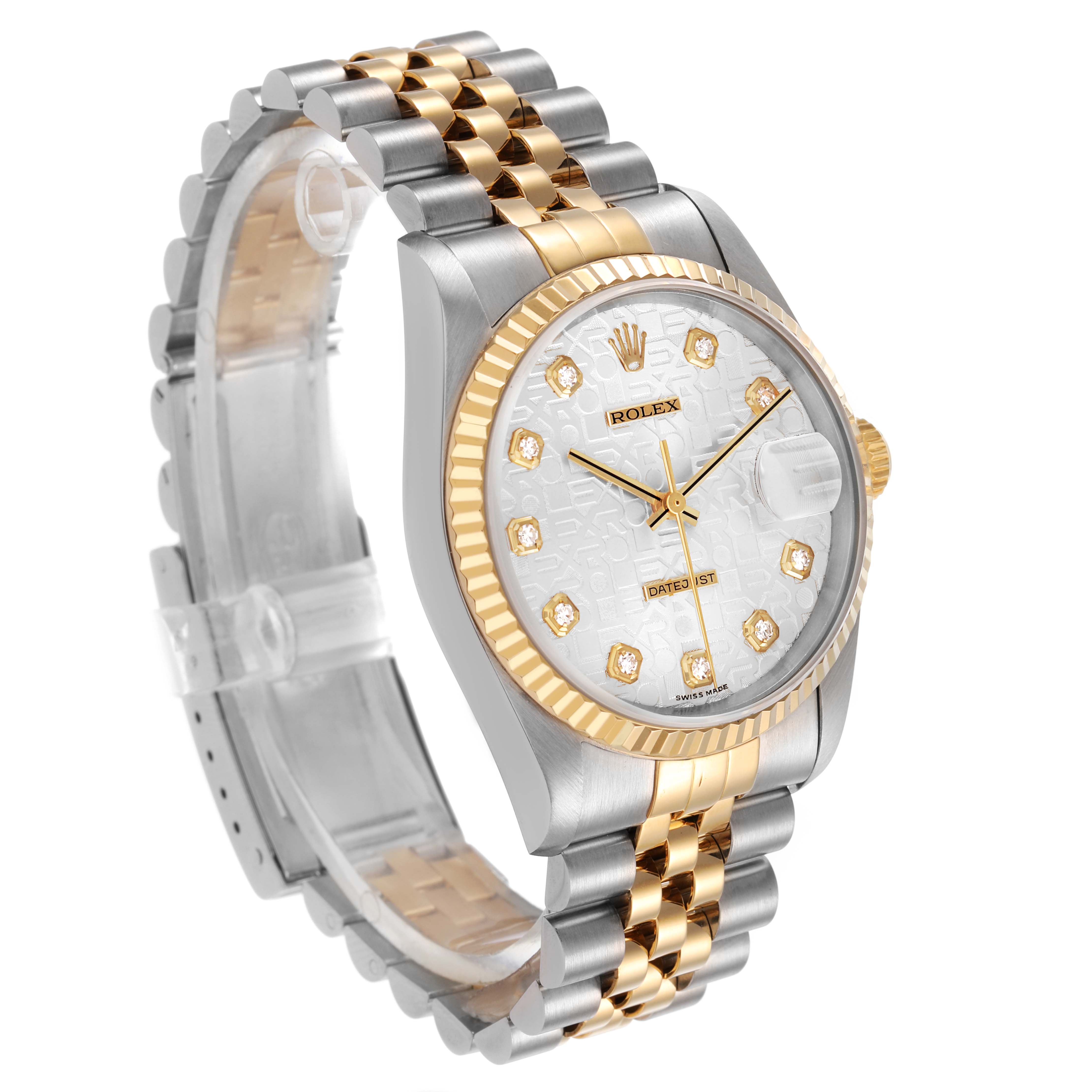 The Rolex Datejust 16233 Women's Steel and Gold (two tone) Silver Dial watch is shown at a three-quarter angle, highlighting the face, bezel, bracelet, and crown.