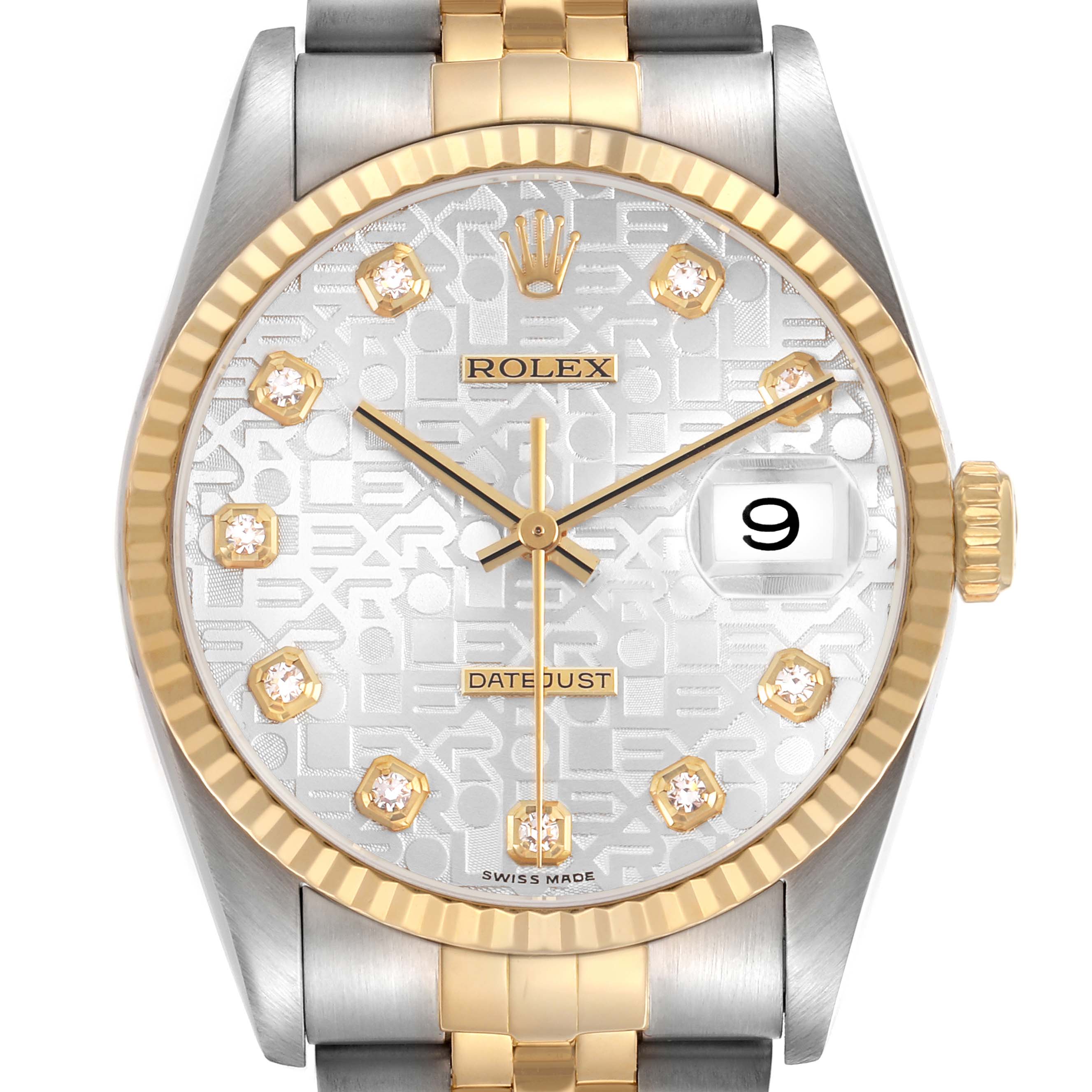 The Rolex Datejust 16233 Women's Steel and Gold (two tone) Silver Dial watch is shown from a front angle, highlighting the dial, bezel, and bracelet.