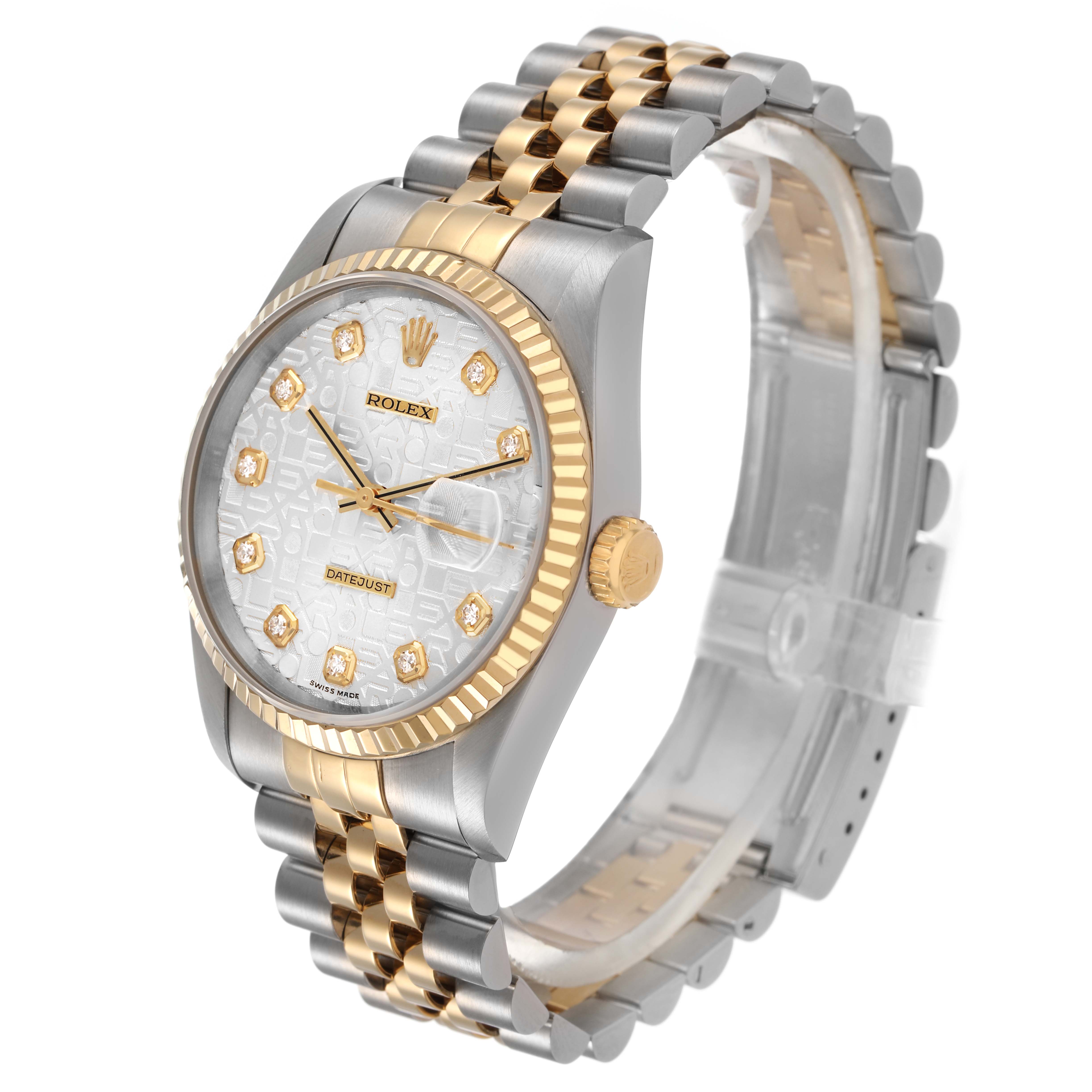 The Rolex Datejust 16233 Women's Steel and Gold (two tone) Silver Dial watch is shown at a slight angle, highlighting the face, bezel, crown, and two-tone bracelet.