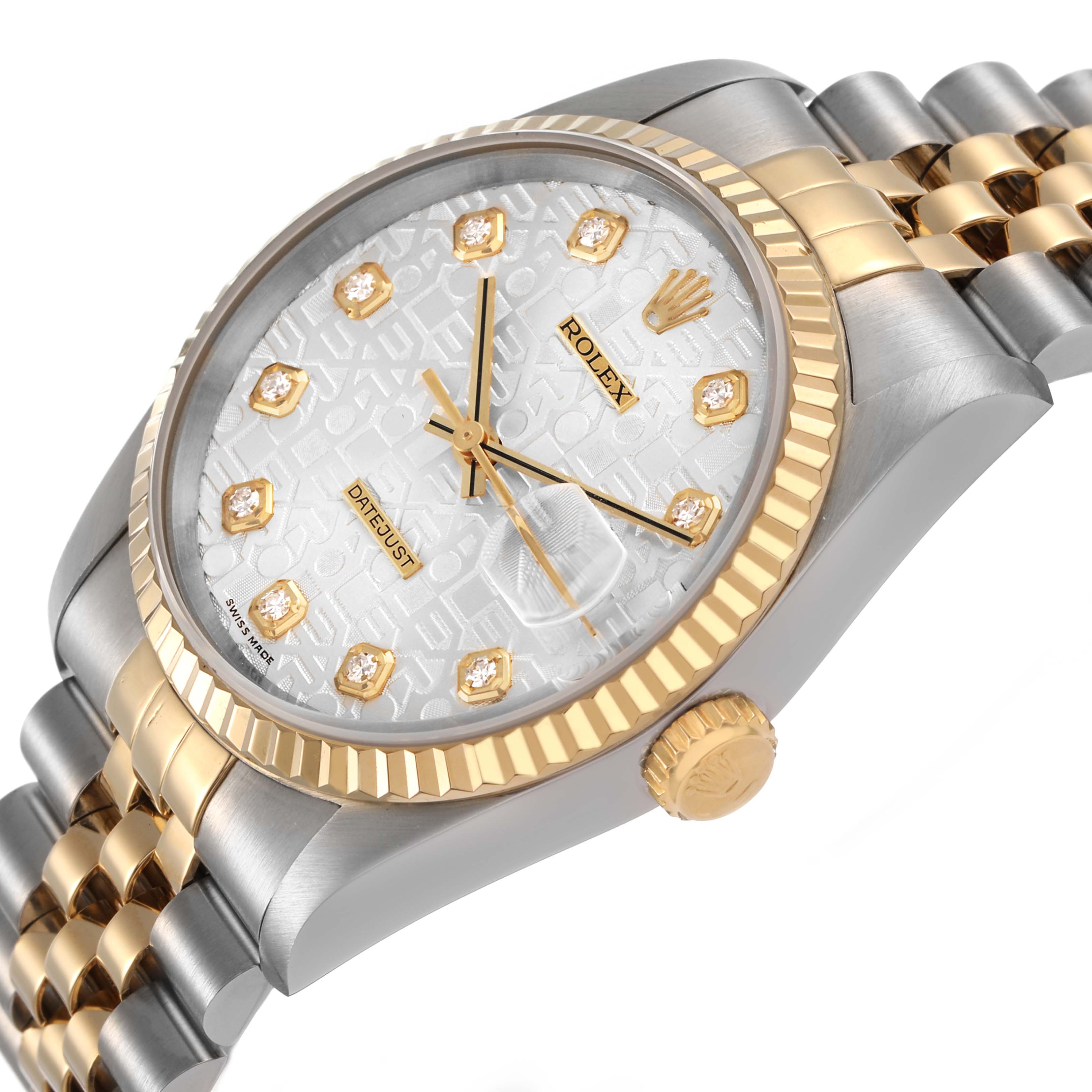 The Rolex Datejust 16233 Women's Steel and Gold (two tone) Silver Dial watch is shown at a three-quarter angle, highlighting the dial, fluted bezel, and two-tone bracelet.