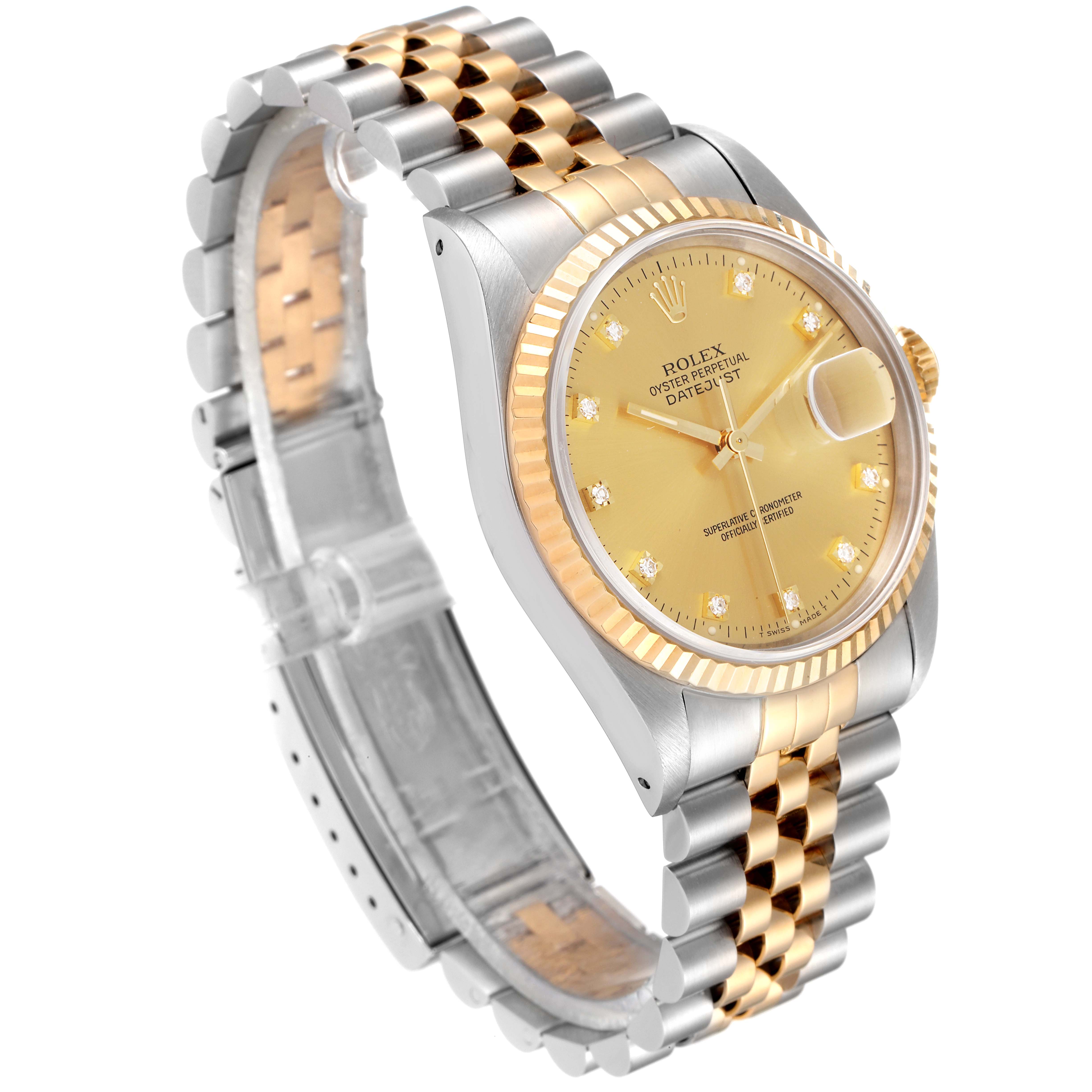 The image shows a Rolex Datejust 16233 Men's Steel and Gold (two tone) Champagne Dial 16233 Men's Steel and Gold (two tone) Champagne Dial watch at a three-quarter angle, highlighting its gold dial, fluted bezel, and two-tone bracelet.