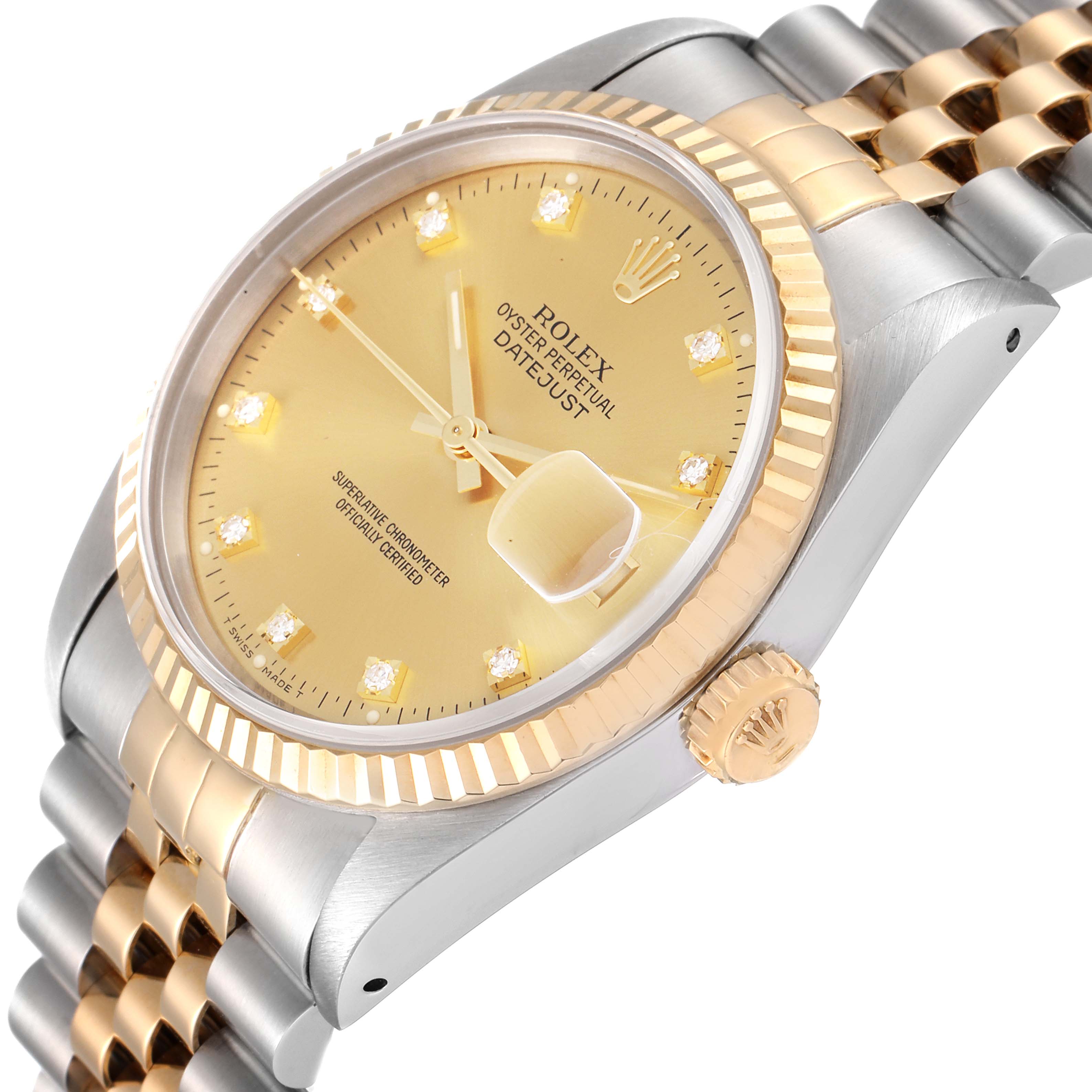 The image shows a close-up, angled view of a Rolex Datejust 16233 Men's Steel and Gold (two tone) Champagne Dial 16233 Men's Steel and Gold (two tone) Champagne Dial watch, highlighting its gold dial, bezel, crown, and two-tone jubilee bracelet.