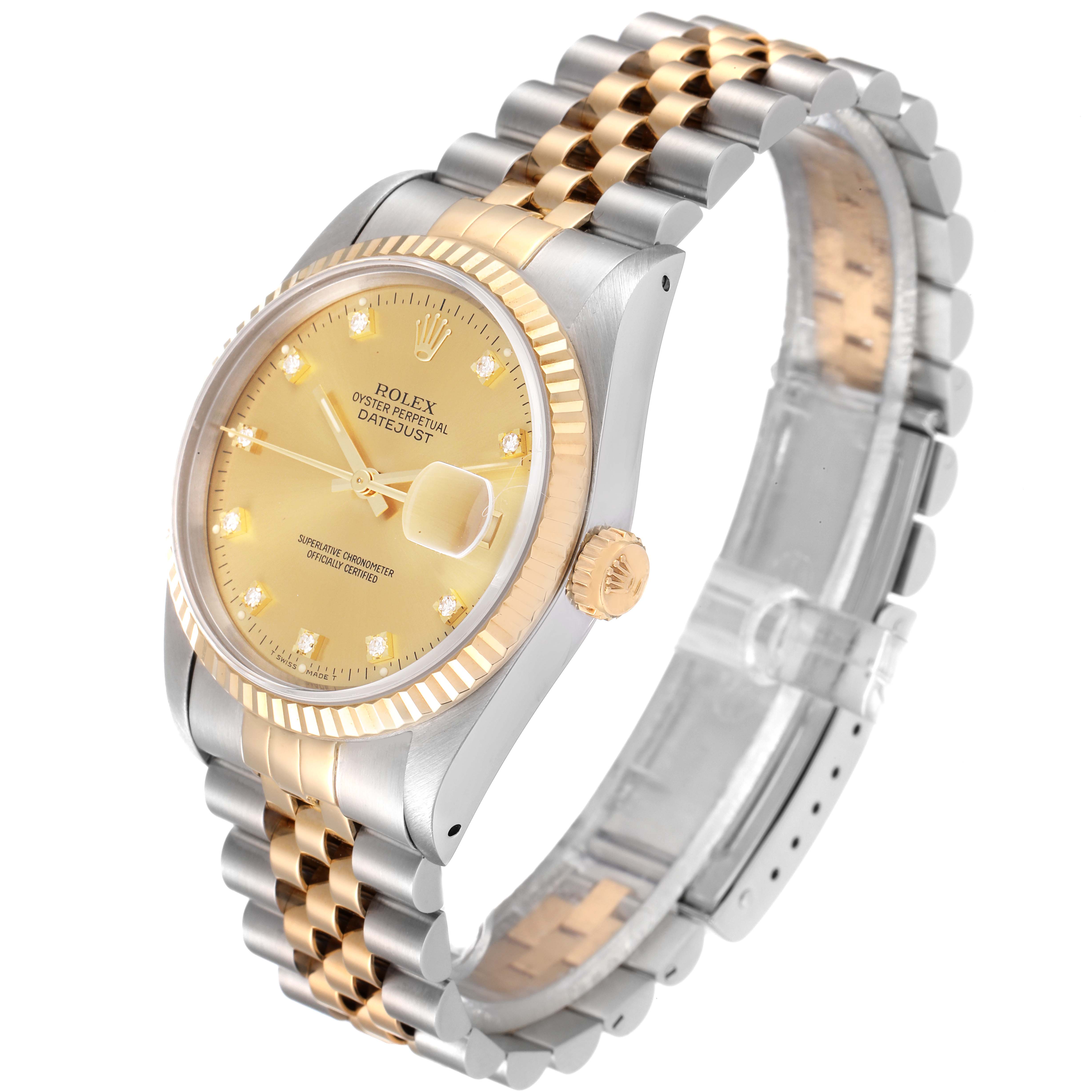 This image shows a Rolex Datejust 16233 Men's Steel and Gold (two tone) Champagne Dial 16233 Men's Steel and Gold (two tone) Champagne Dial watch at a slight angle displaying its face, bezel, and part of the band.