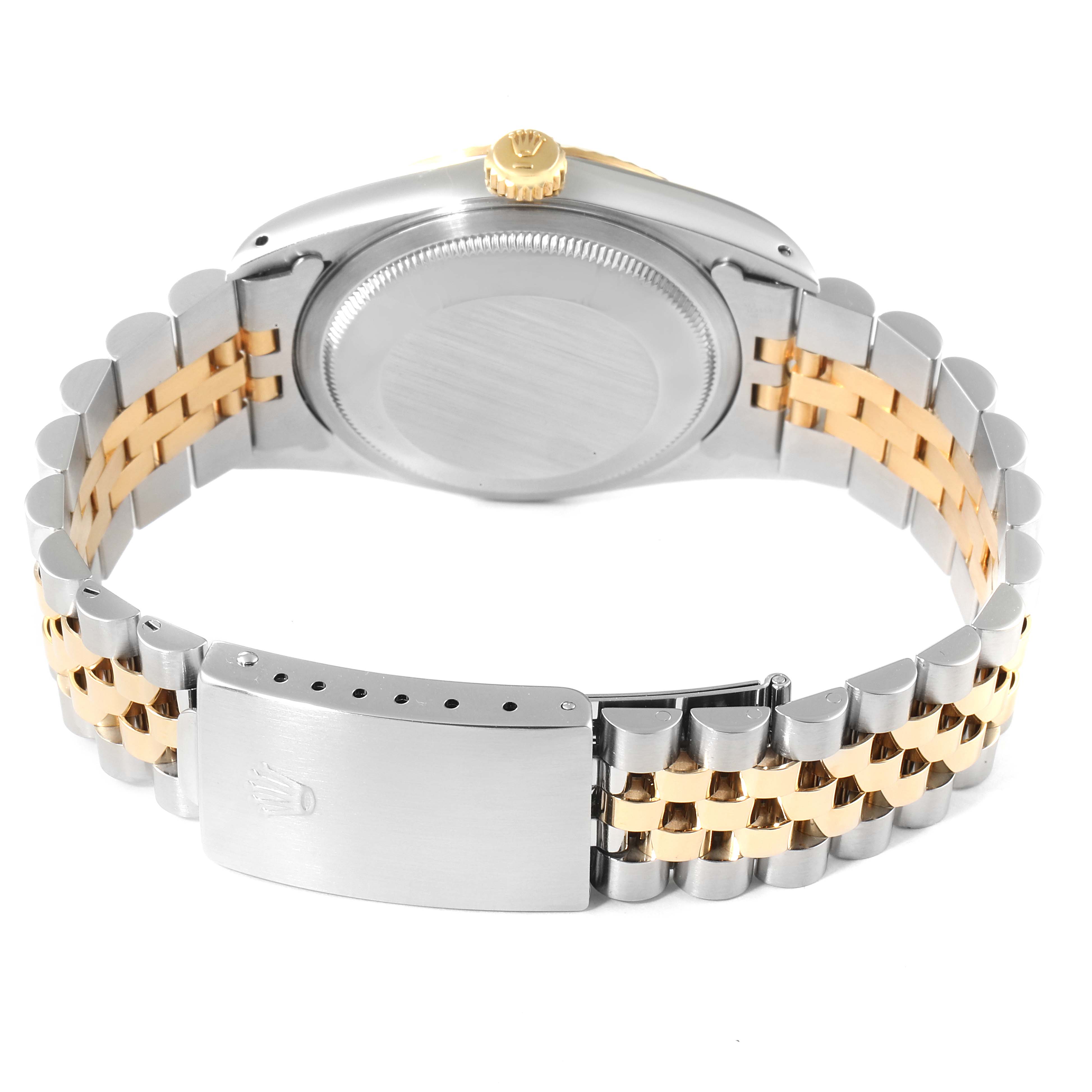 This image shows the back view of a Rolex Datejust 16233 Men's Steel and Gold (two tone) Champagne Dial 16233 Men's Steel and Gold (two tone) Champagne Dial watch, highlighting its case back, crown, and bracelet clasp.