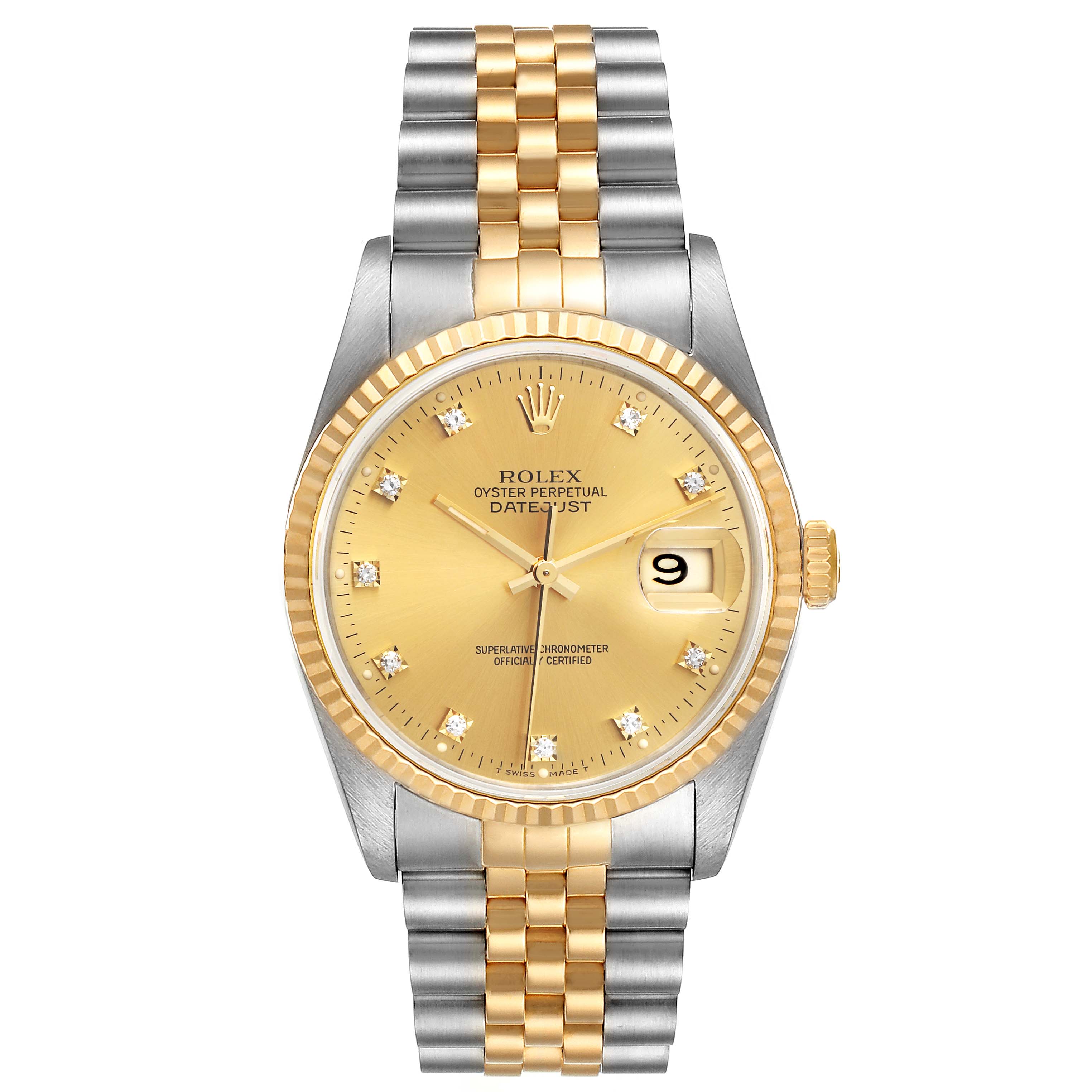 This image shows a front view of a Rolex Datejust 16233 Men's Steel and Gold (two tone) Champagne Dial 16233 Men's Steel and Gold (two tone) Champagne Dial watch, highlighting its dial, bezel, case, and jubilee bracelet.