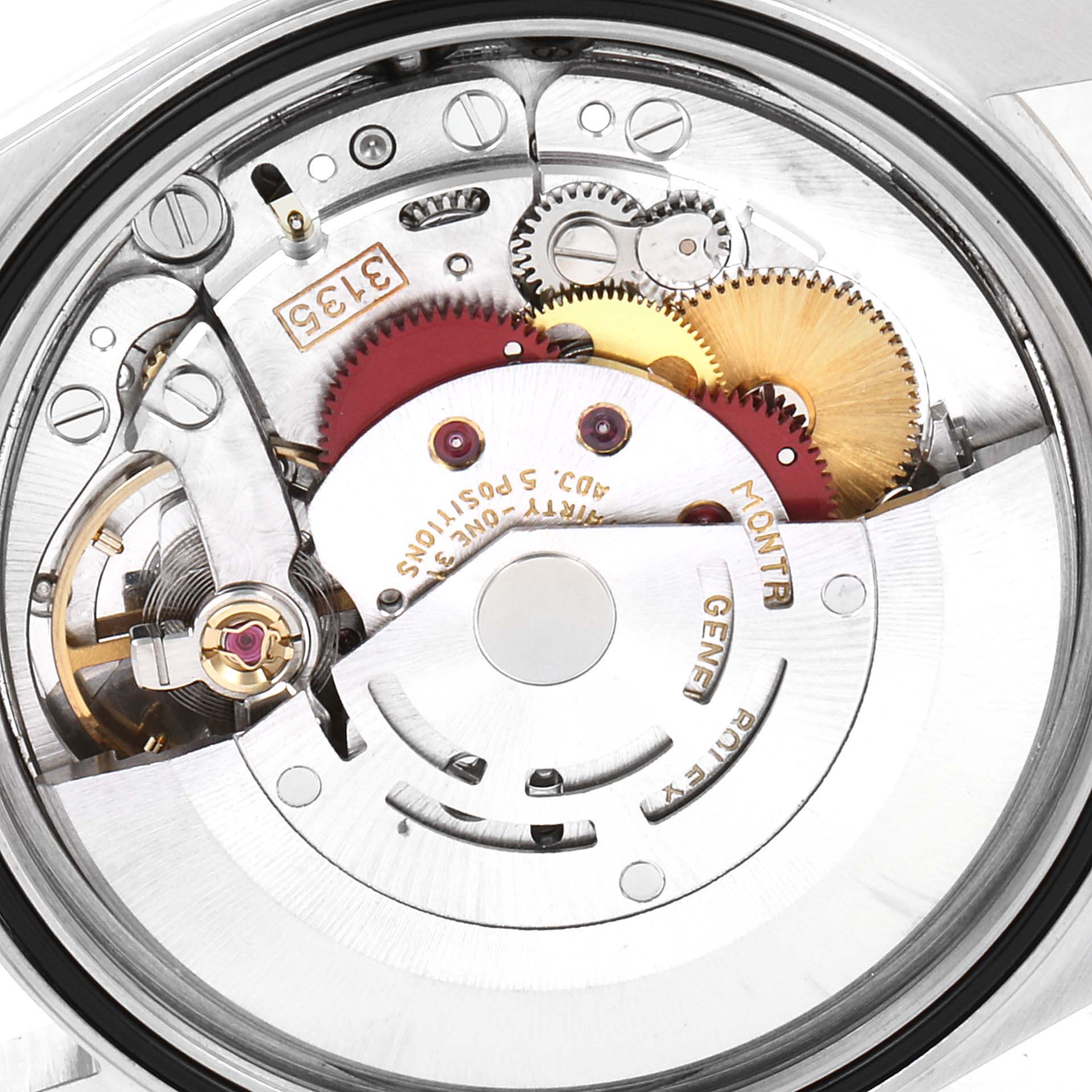 The image shows a close-up view of the internal movement and gears of a Rolex Datejust 16233 Men's Steel and Gold (two tone) Champagne Dial 16233 Men's Steel and Gold (two tone) Champagne Dial watch.