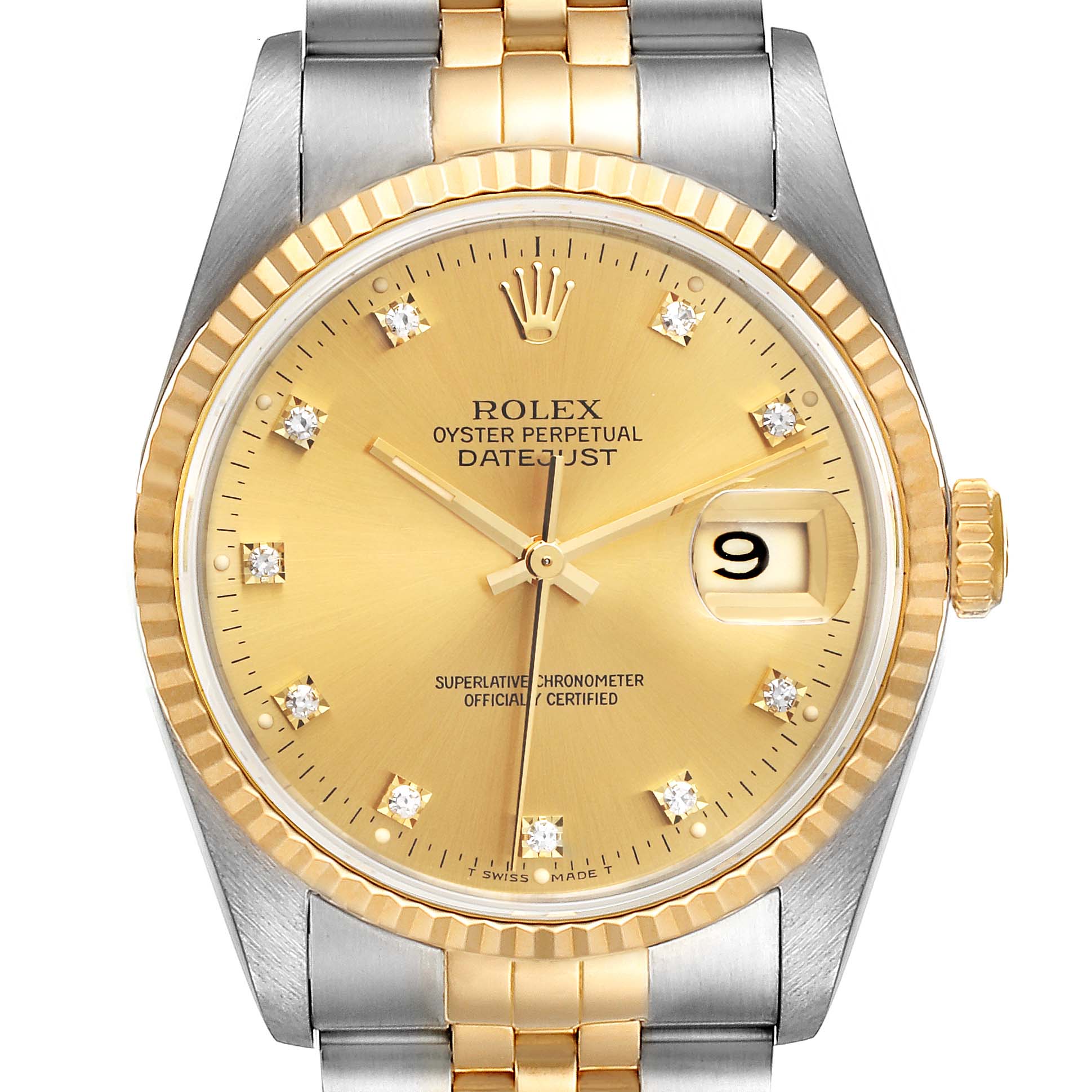 The image shows a frontal view of the Rolex Datejust 16233 Men's Steel and Gold (two tone) Champagne Dial 16233 Men's Steel and Gold (two tone) Champagne Dial watch, highlighting its gold dial, date window, and two-tone bracelet.