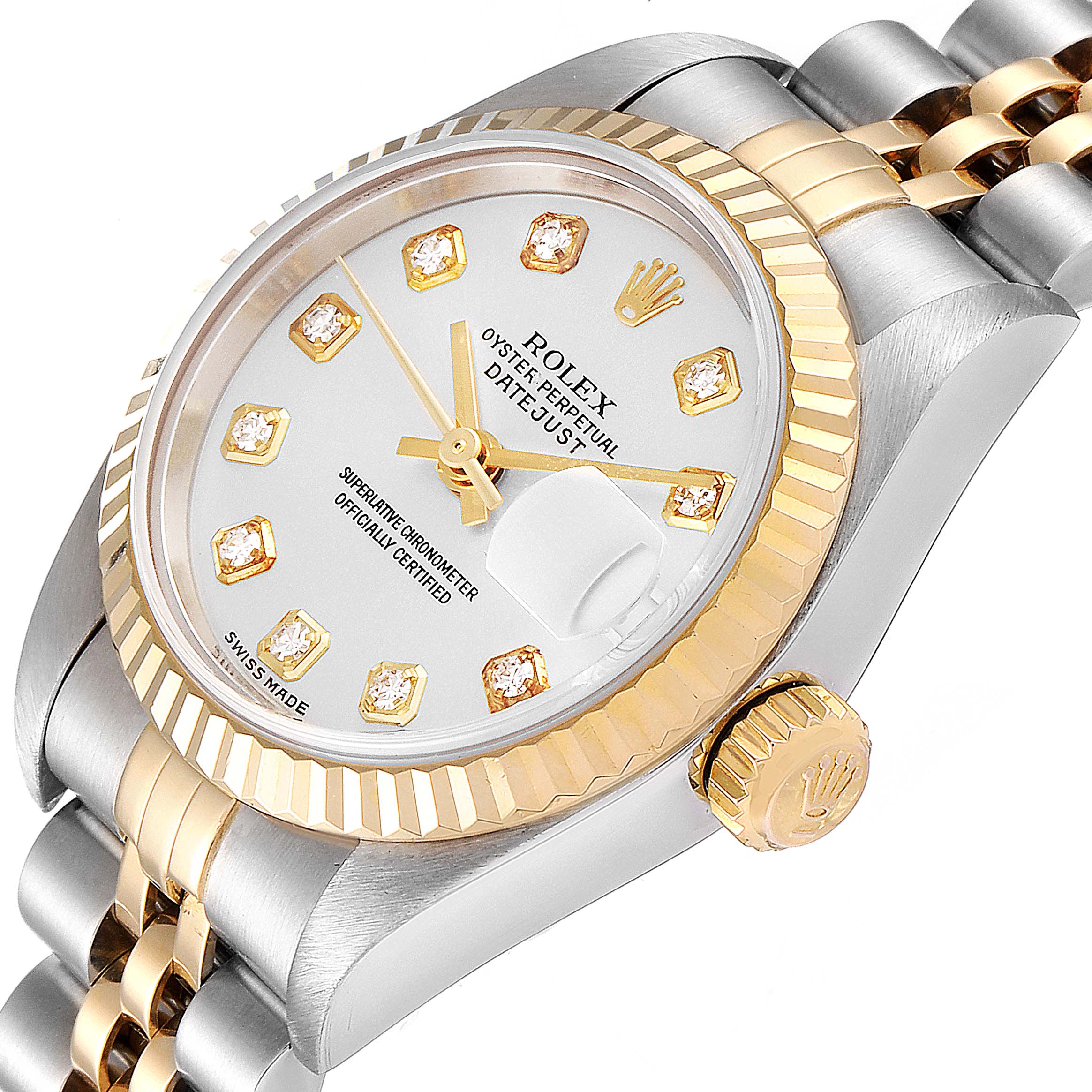 The image shows a close-up of the Rolex Datejust 79173 Women's Steel and Gold (two tone) Silver Dial 79173 Women's Steel and Gold (two tone) Silver Dial watch face, crown, and part of its gold and silver bracelet from an angled top view.