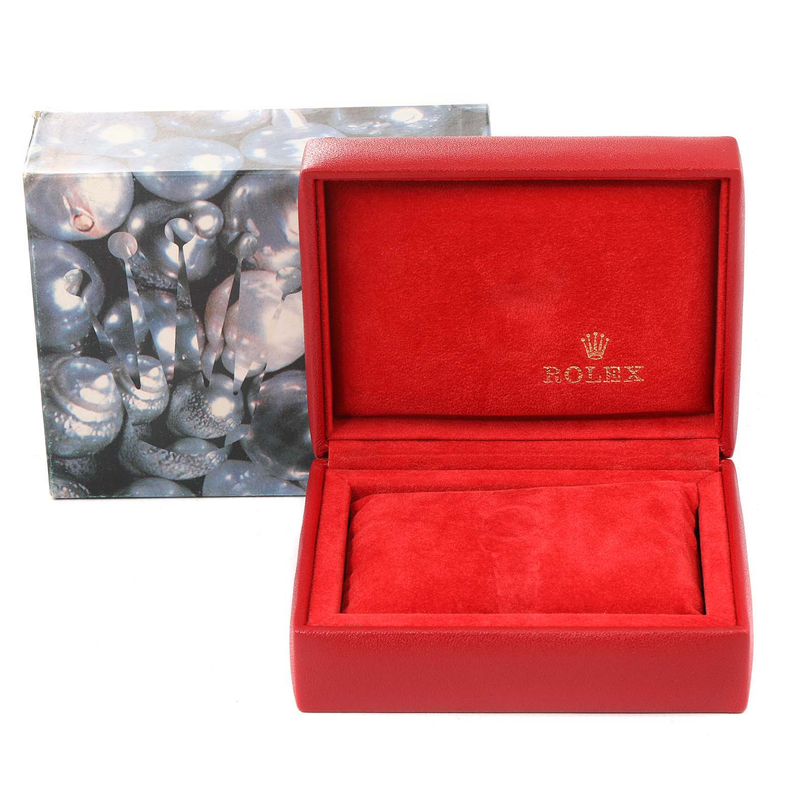 The image shows a red Rolex Datejust 79173 Women's Steel and Gold (two tone) Silver Dial 79173 Women's Steel and Gold (two tone) Silver Dial watch box open in front, displaying the interior and the Rolex brand logo.