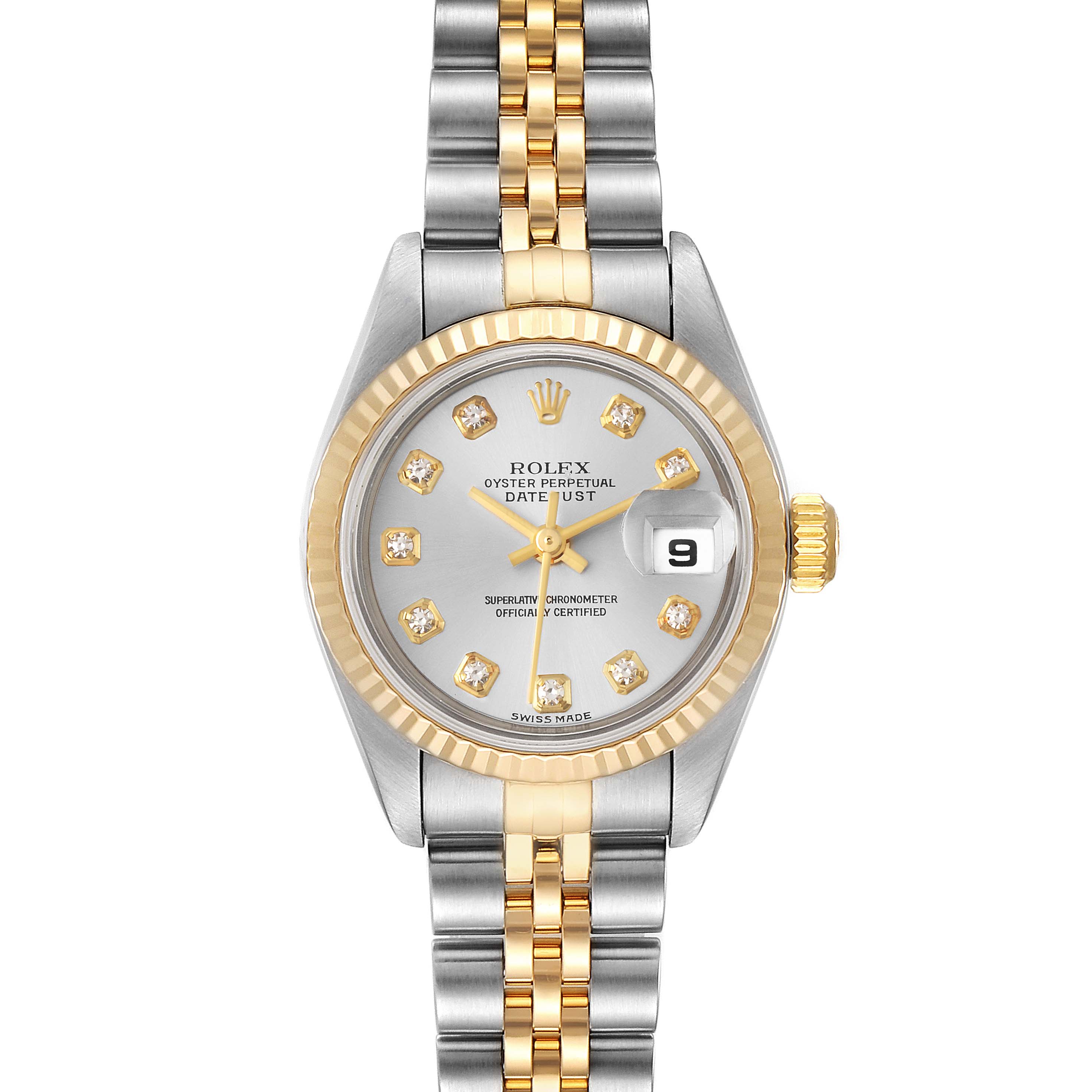 This front-facing image shows the dial, bezel, and bracelet of the Rolex Datejust 79173 Women's Steel and Gold (two tone) Silver Dial 79173 Women's Steel and Gold (two tone) Silver Dial watch.