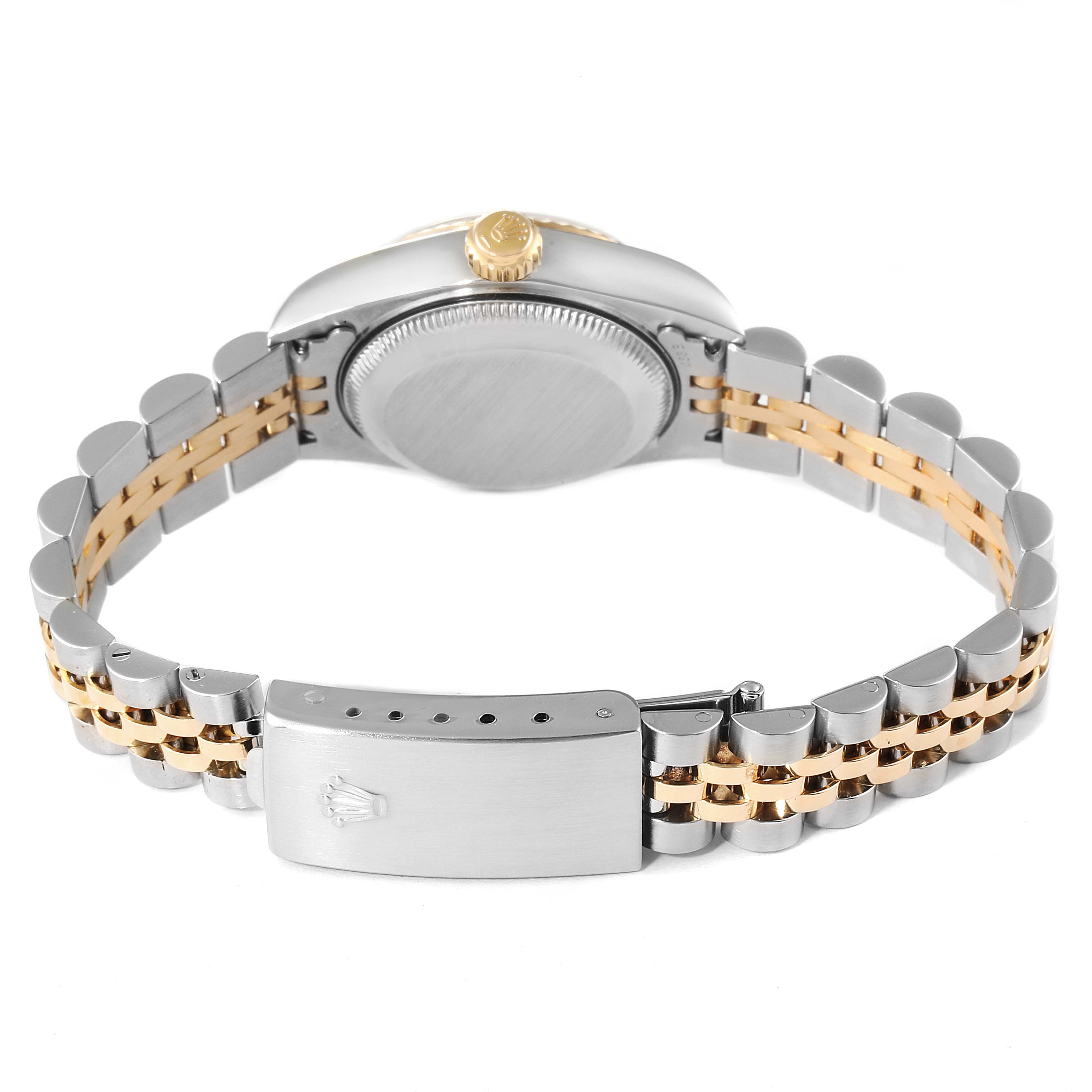 This image shows the back view of the Rolex Datejust 79173 Women's Steel and Gold (two tone) Silver Dial 79173 Women's Steel and Gold (two tone) Silver Dial watch, highlighting the clasp, bracelet, and crown.