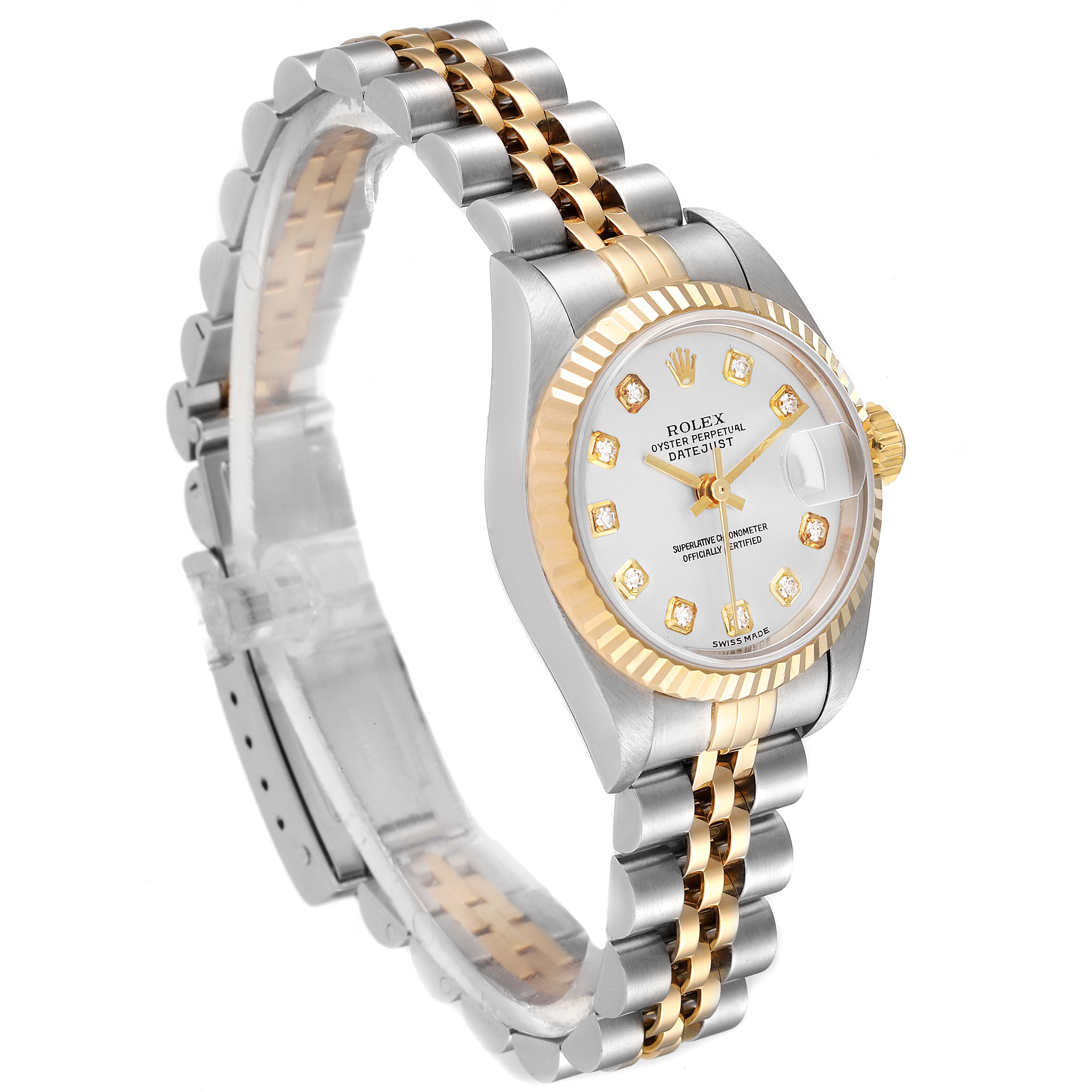 The image shows a Rolex Datejust 79173 Women's Steel and Gold (two tone) Silver Dial 79173 Women's Steel and Gold (two tone) Silver Dial watch at an angle highlighting the dial, bezel, crown, and bracelet.