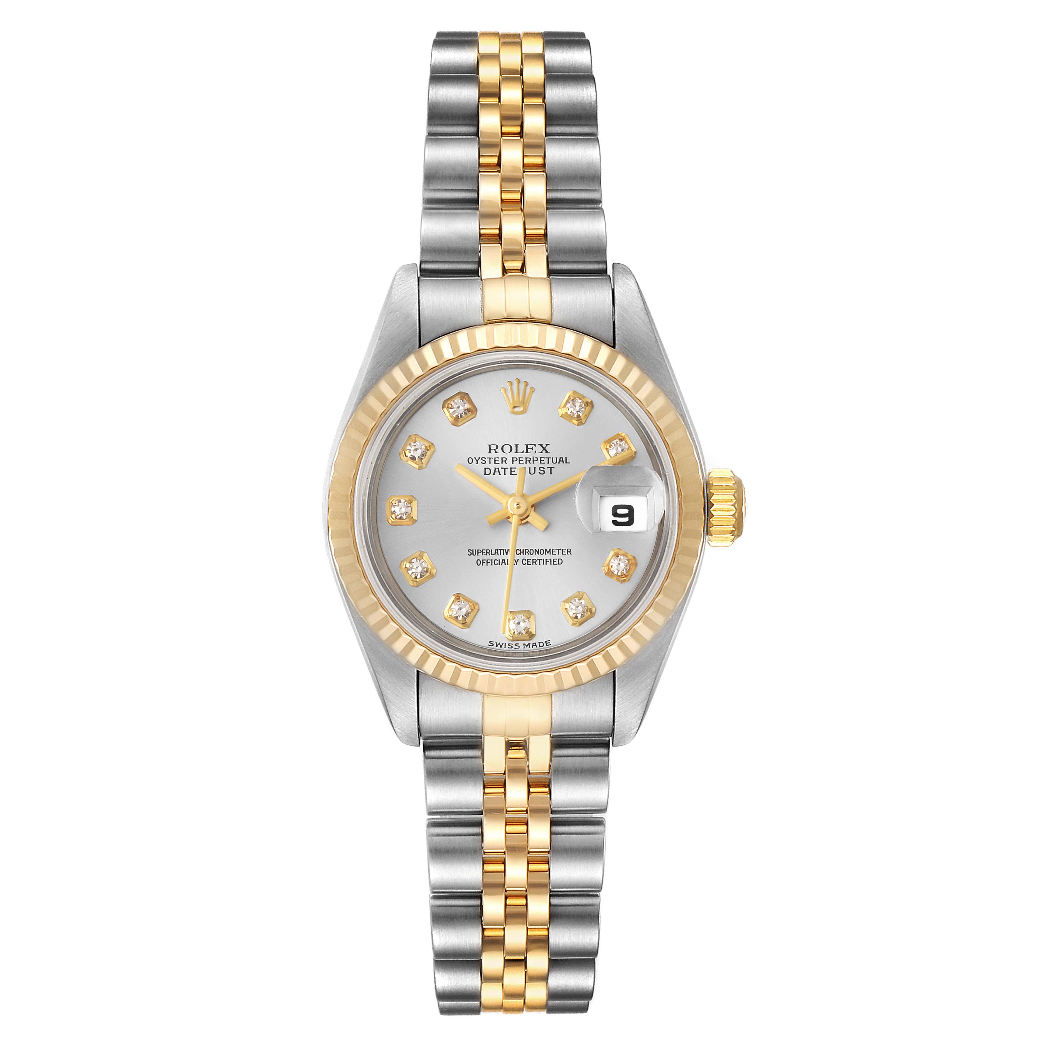 This image shows a full frontal view of a Rolex Datejust 79173 Women's Steel and Gold (two tone) Silver Dial 79173 Women's Steel and Gold (two tone) Silver Dial watch, displaying the face, bezel, crown, and bracelet.
