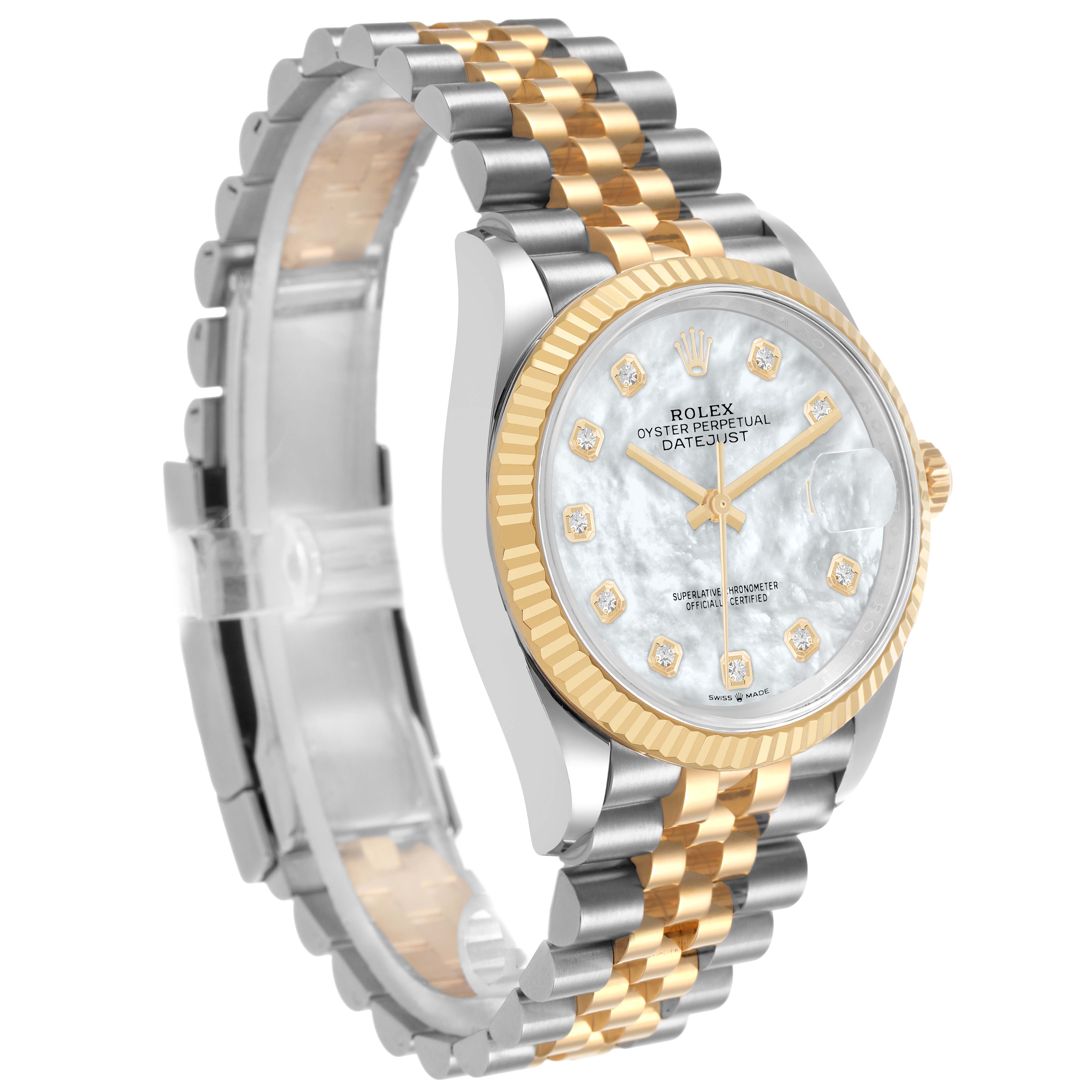 The Rolex Datejust 126233 Men's Steel and Gold (two tone) Mother of Pearl Dial watch is shown at a three-quarter angle, highlighting the face, bezel, and bracelet details.