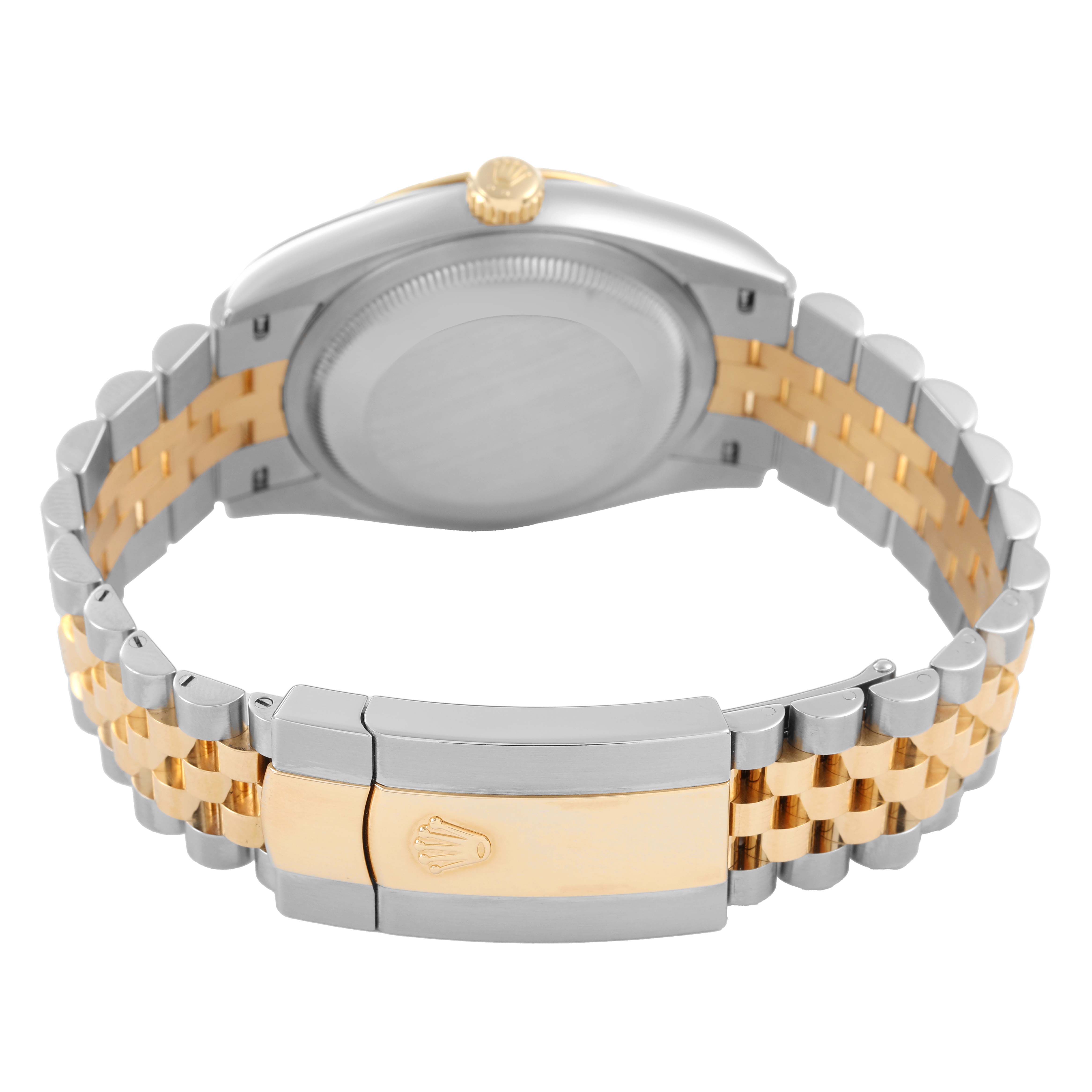 The image shows the back of the Rolex Datejust 126233 Men's Steel and Gold (two tone) Mother of Pearl Dial, highlighting the case back and two-tone jubilee bracelet with the clasp.