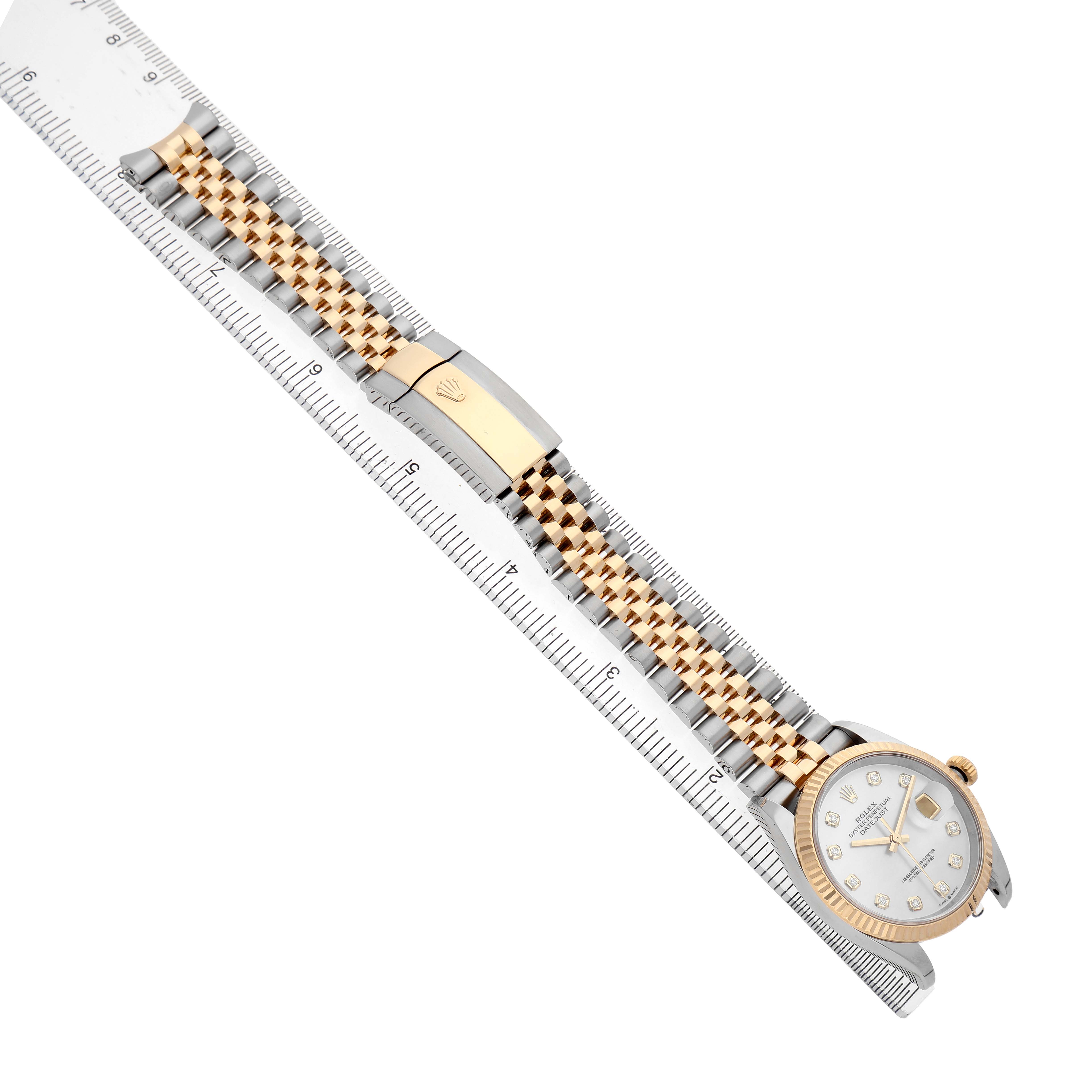 The Rolex Datejust 126233 Men's Steel and Gold (two tone) Mother of Pearl Dial watch is displayed from a top-down angle, showcasing the face, bezel, and band.