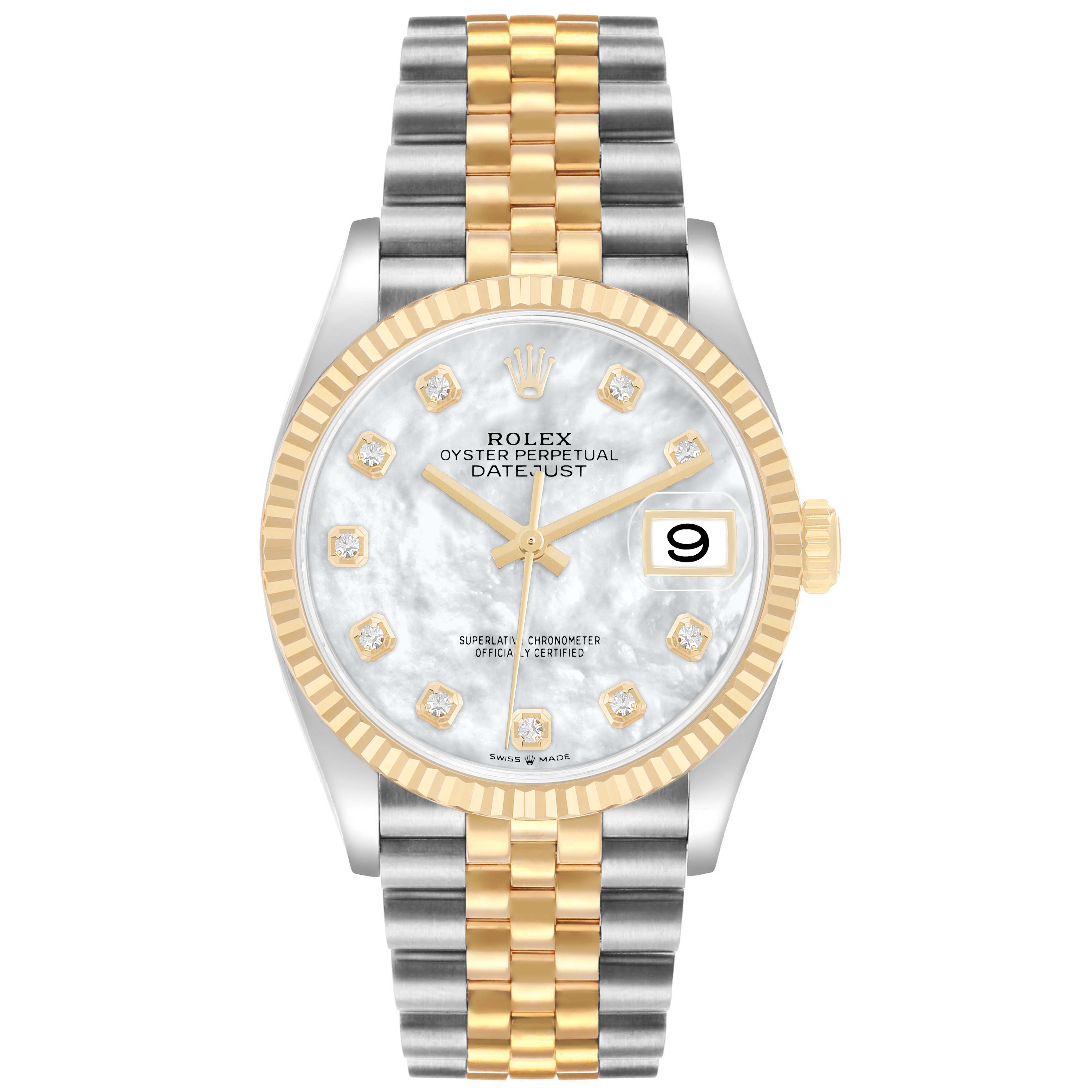 The Rolex Datejust 126233 Men's Steel and Gold (two tone) Mother of Pearl Dial watch is shown from the front, highlighting its two-tone bracelet, diamond indices, and date feature.