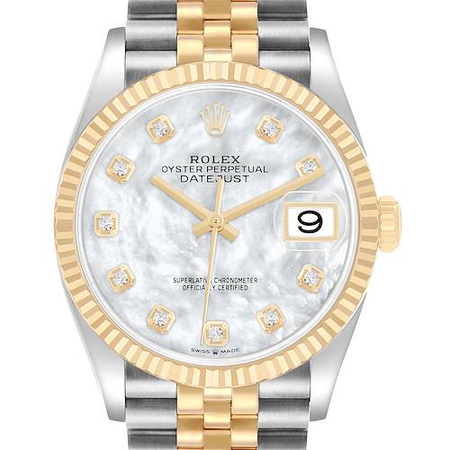 The Rolex Datejust 126233 Men's Steel and Gold (two tone) Mother of Pearl Dial watch is shown from the front, highlighting its two-tone bracelet, mother-of-pearl dial, and diamond hour markers.