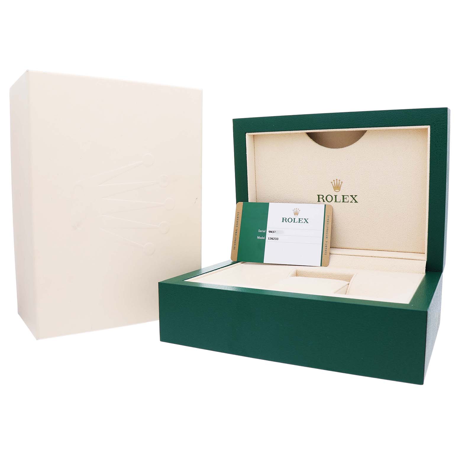 The image shows the open box and certification card for a Rolex Datejust 126233 Men's Steel and Gold (two tone) Mother of Pearl Dial, displaying the inside packaging and outer box from a slight angle.