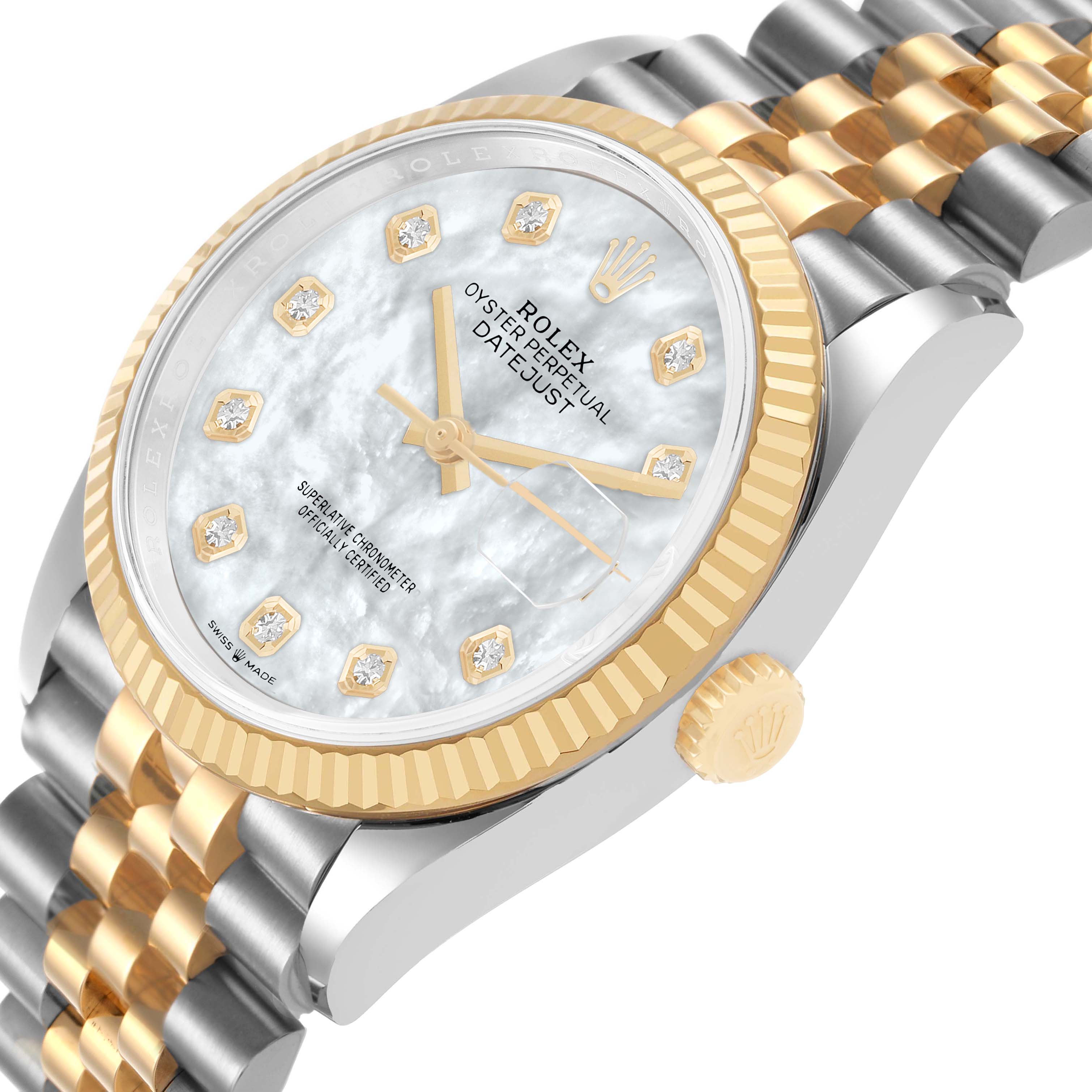 The Rolex Datejust 126233 Men's Steel and Gold (two tone) Mother of Pearl Dial watch is shown from a three-quarter angle, highlighting the face, fluted bezel, and Jubilee bracelet.