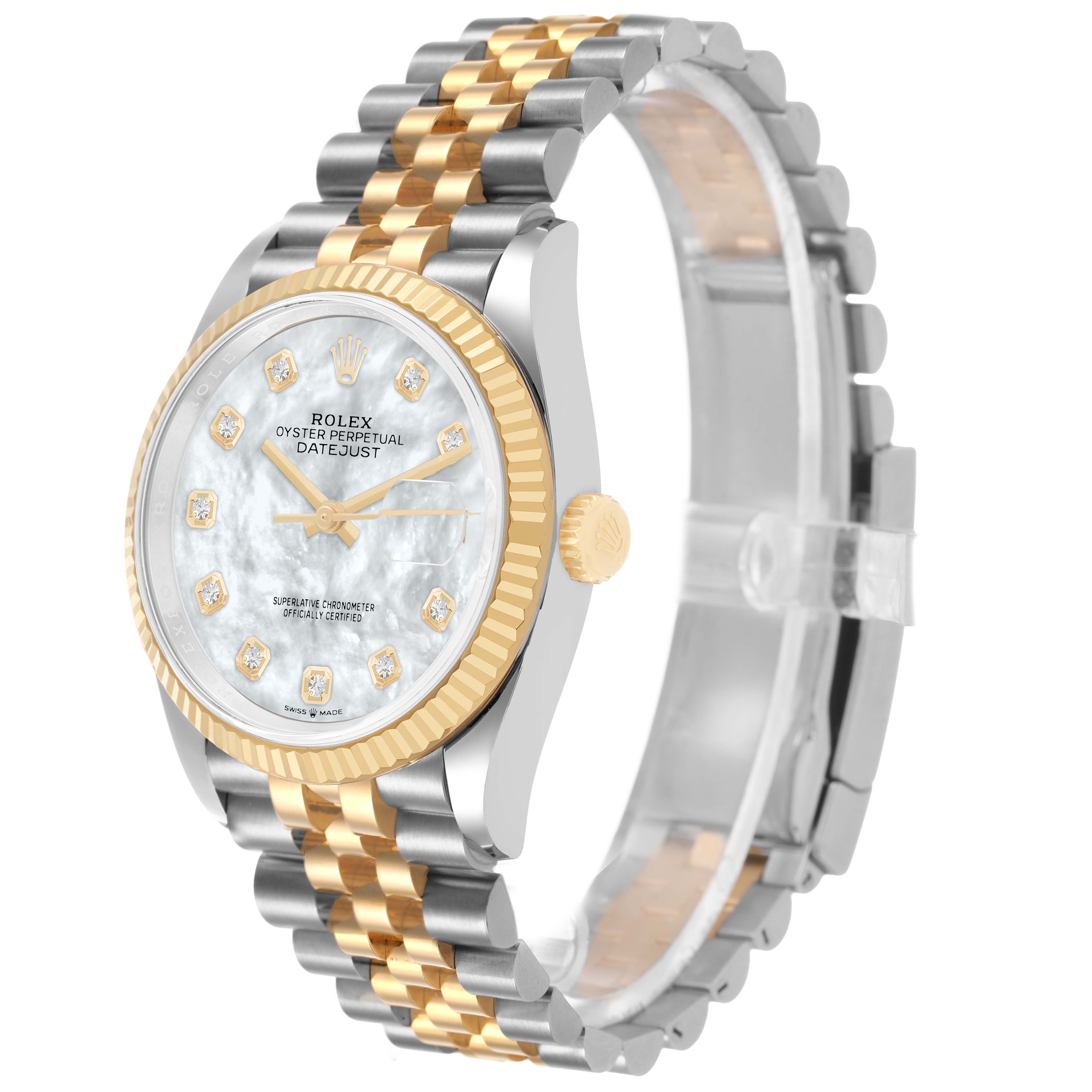 The Rolex Datejust 126233 Men's Steel and Gold (two tone) Mother of Pearl Dial watch is shown at an angle highlighting the dial, bezel, jubilee bracelet, and crown.