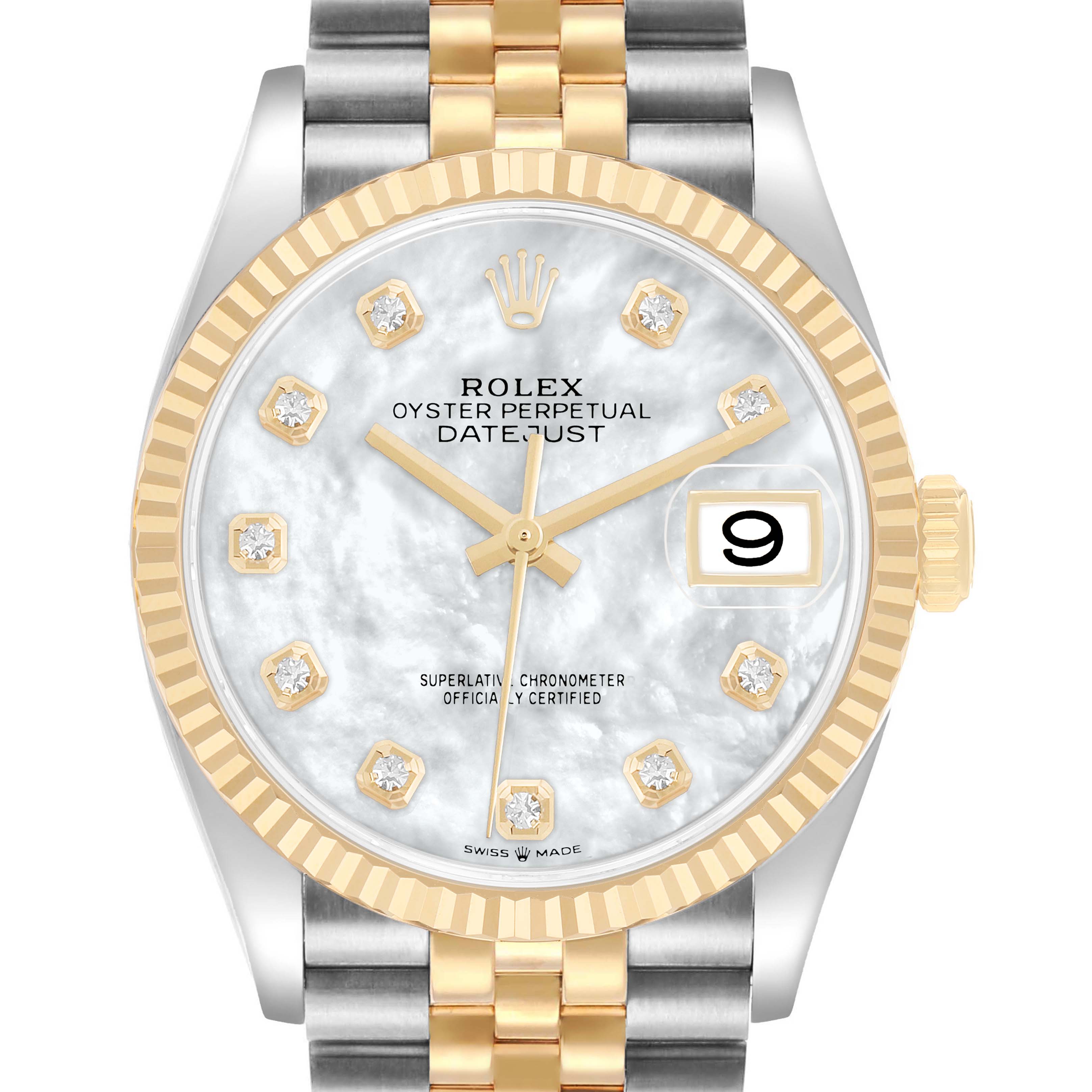 The Rolex Datejust 126233 Men's Steel and Gold (two tone) Mother of Pearl Dial watch is shown from a front angle, highlighting the dial, fluted bezel, crown, and Jubilee bracelet.