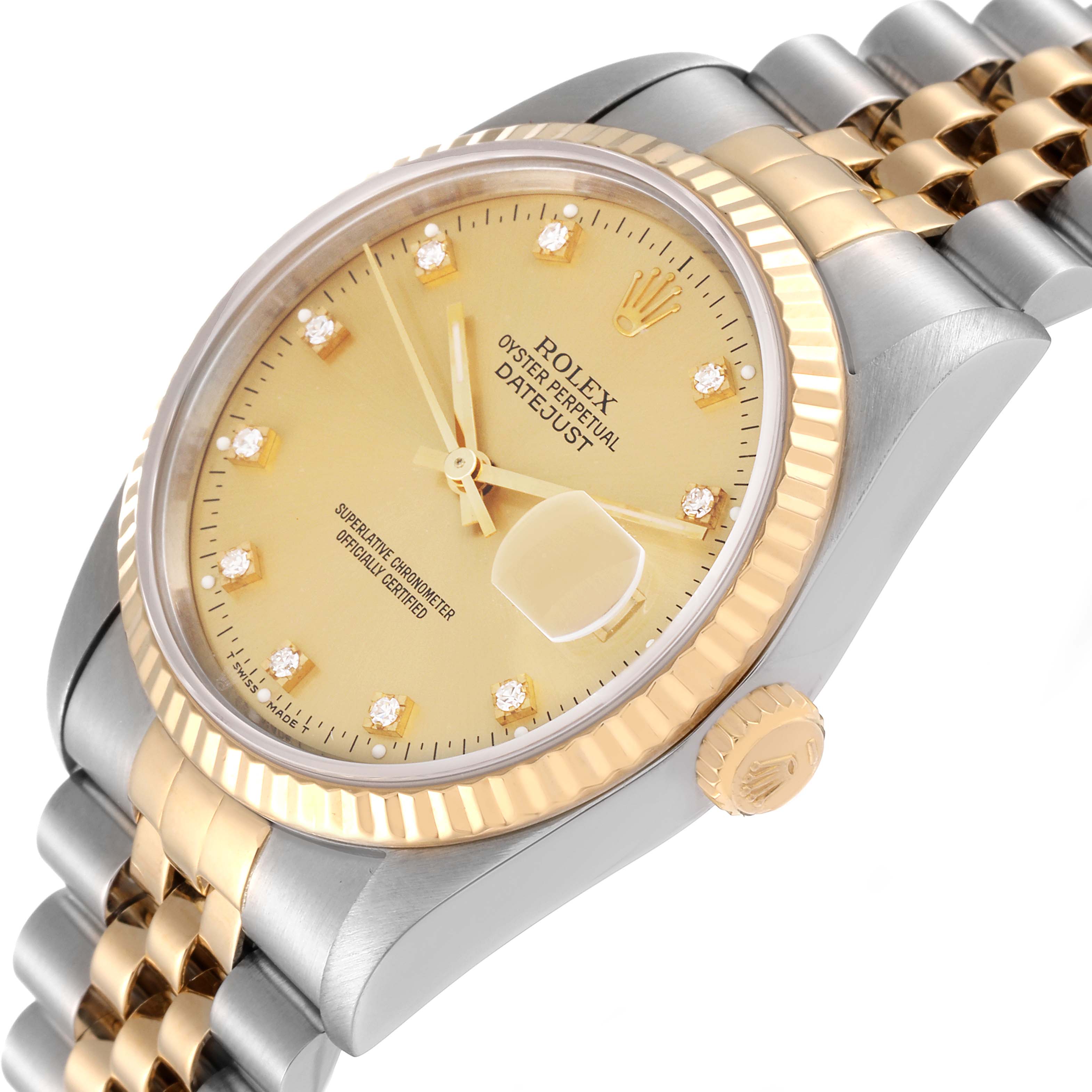 This image shows a side-angle view of a Rolex Datejust 16233 Men's Steel and Gold (two tone) Champagne Dial 16233 Men's Steel and Gold (two tone) Champagne Dial watch, highlighting its face, crown, and Jubilee bracelet.
