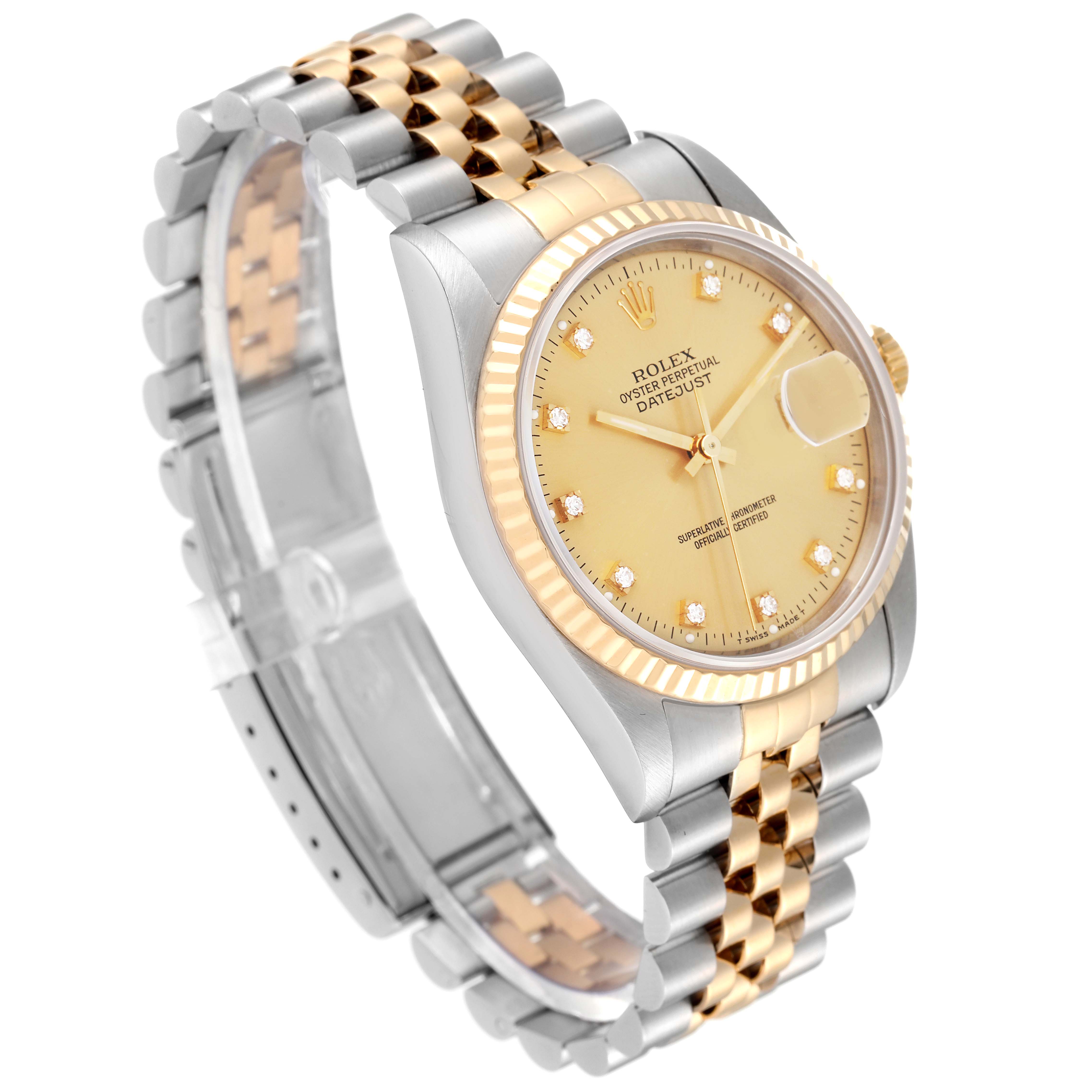 The image shows a Rolex Datejust 16233 Men's Steel and Gold (two tone) Champagne Dial 16233 Men's Steel and Gold (two tone) Champagne Dial watch from an angled side view, highlighting the bracelet, case, bezel, and dial.