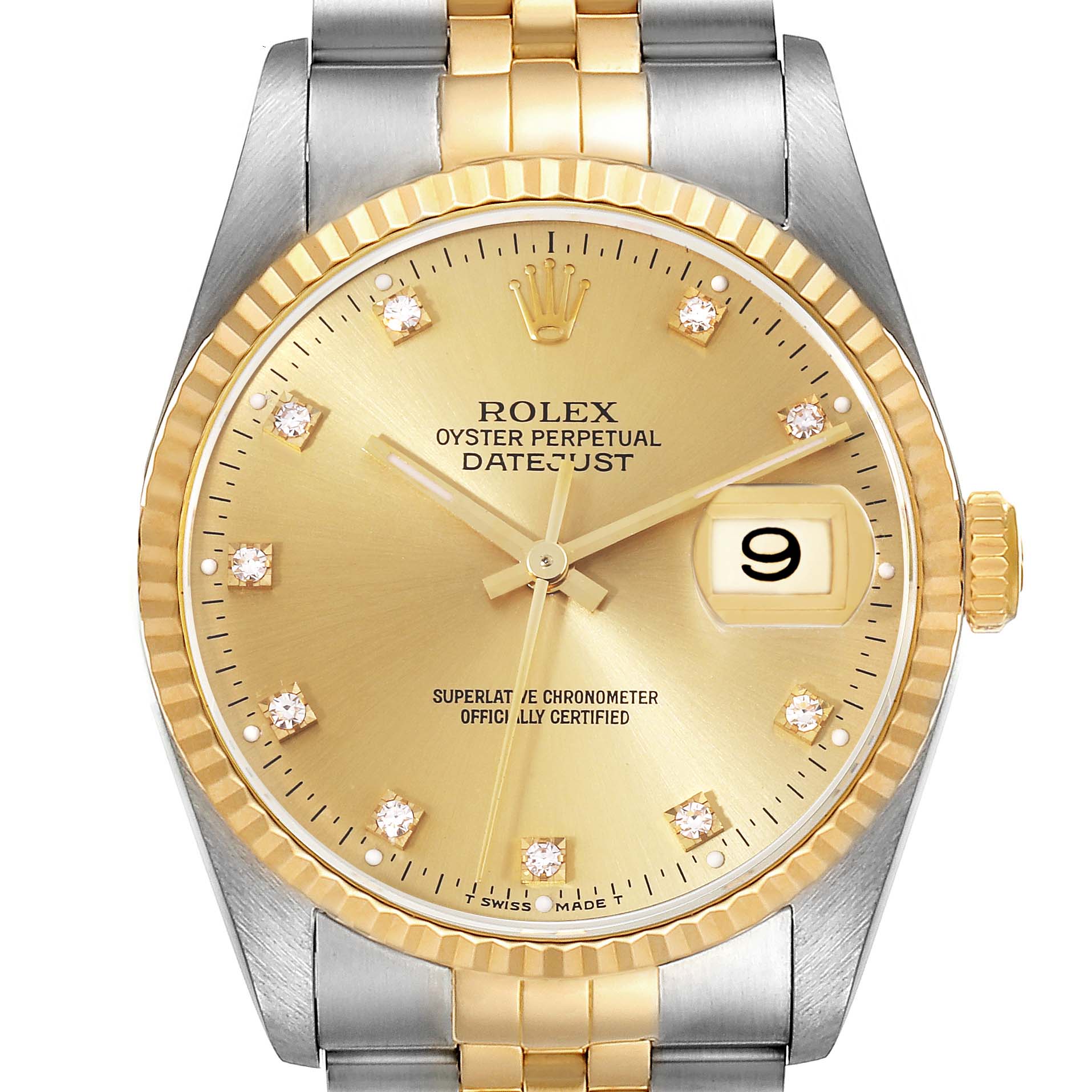 This image shows a close-up of the dial and bracelet of a Rolex Datejust 16233 Men's Steel and Gold (two tone) Champagne Dial 16233 Men's Steel and Gold (two tone) Champagne Dial watch, including the bezel, crown, hands, and date window.
