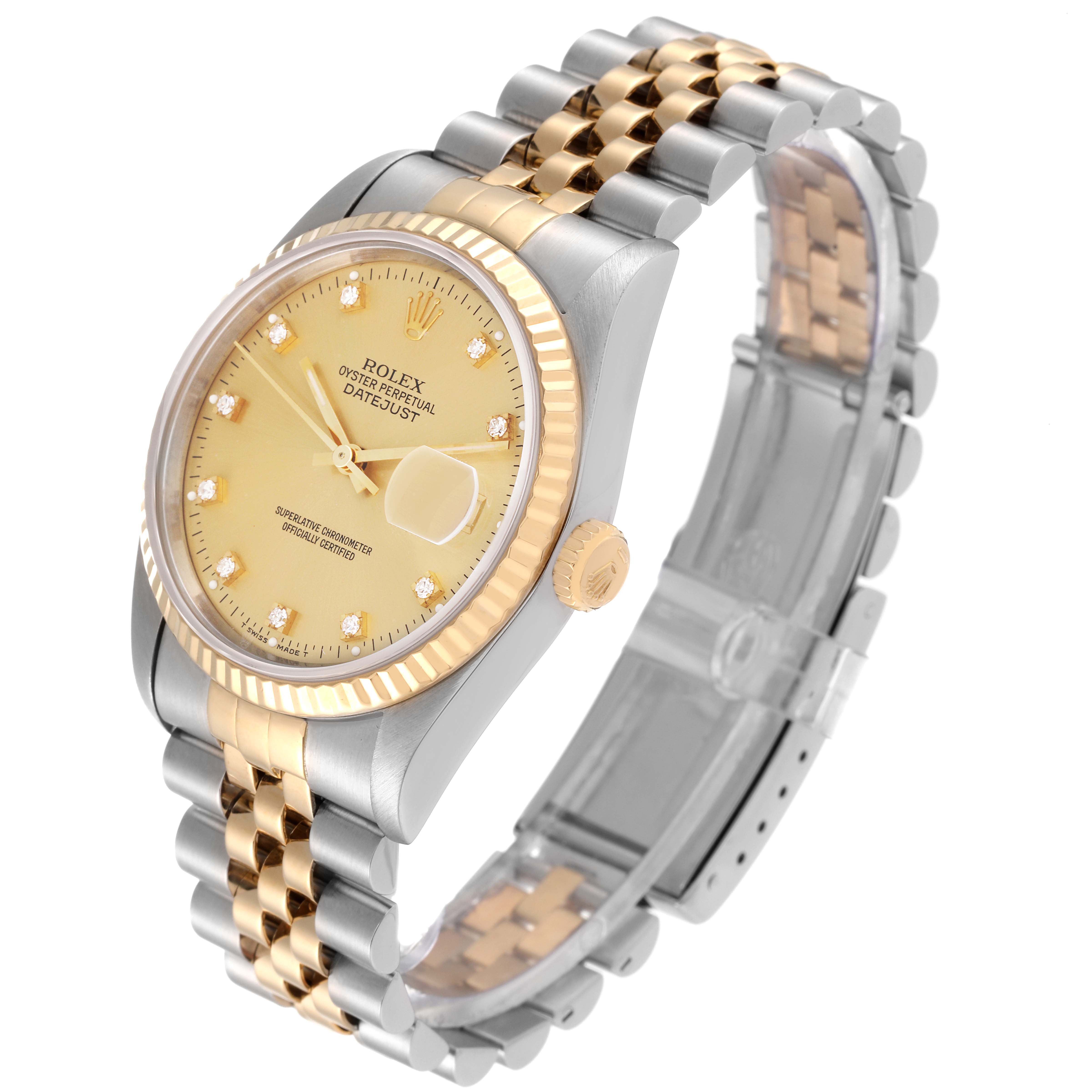 The image shows a Rolex Datejust 16233 Men's Steel and Gold (two tone) Champagne Dial 16233 Men's Steel and Gold (two tone) Champagne Dial model watch angled to showcase its dial, bezel, crown, and two-tone bracelet.