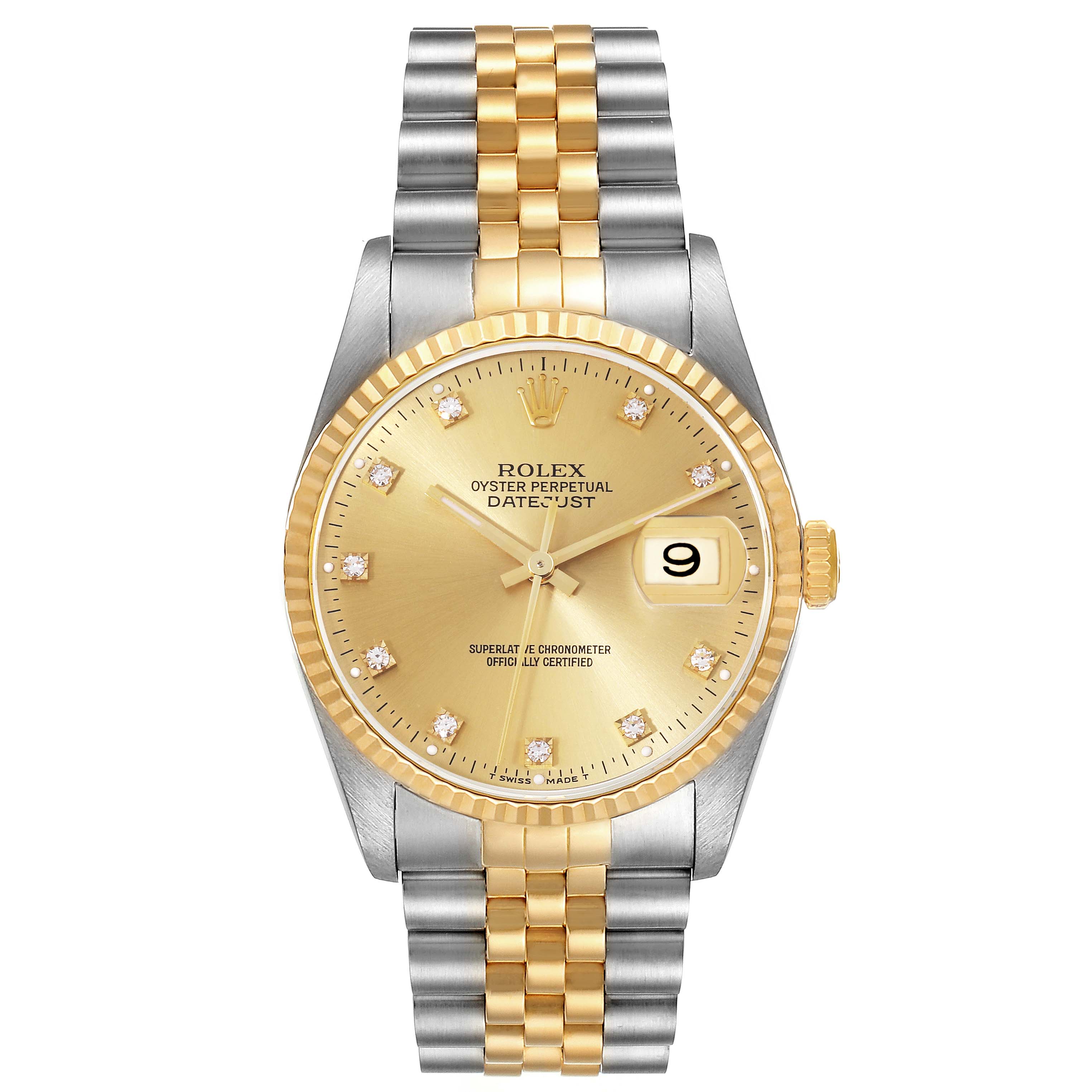 This image shows a front view of a Rolex Datejust 16233 Men's Steel and Gold (two tone) Champagne Dial 16233 Men's Steel and Gold (two tone) Champagne Dial watch, displaying its gold dial, date window, and two-tone bracelet.
